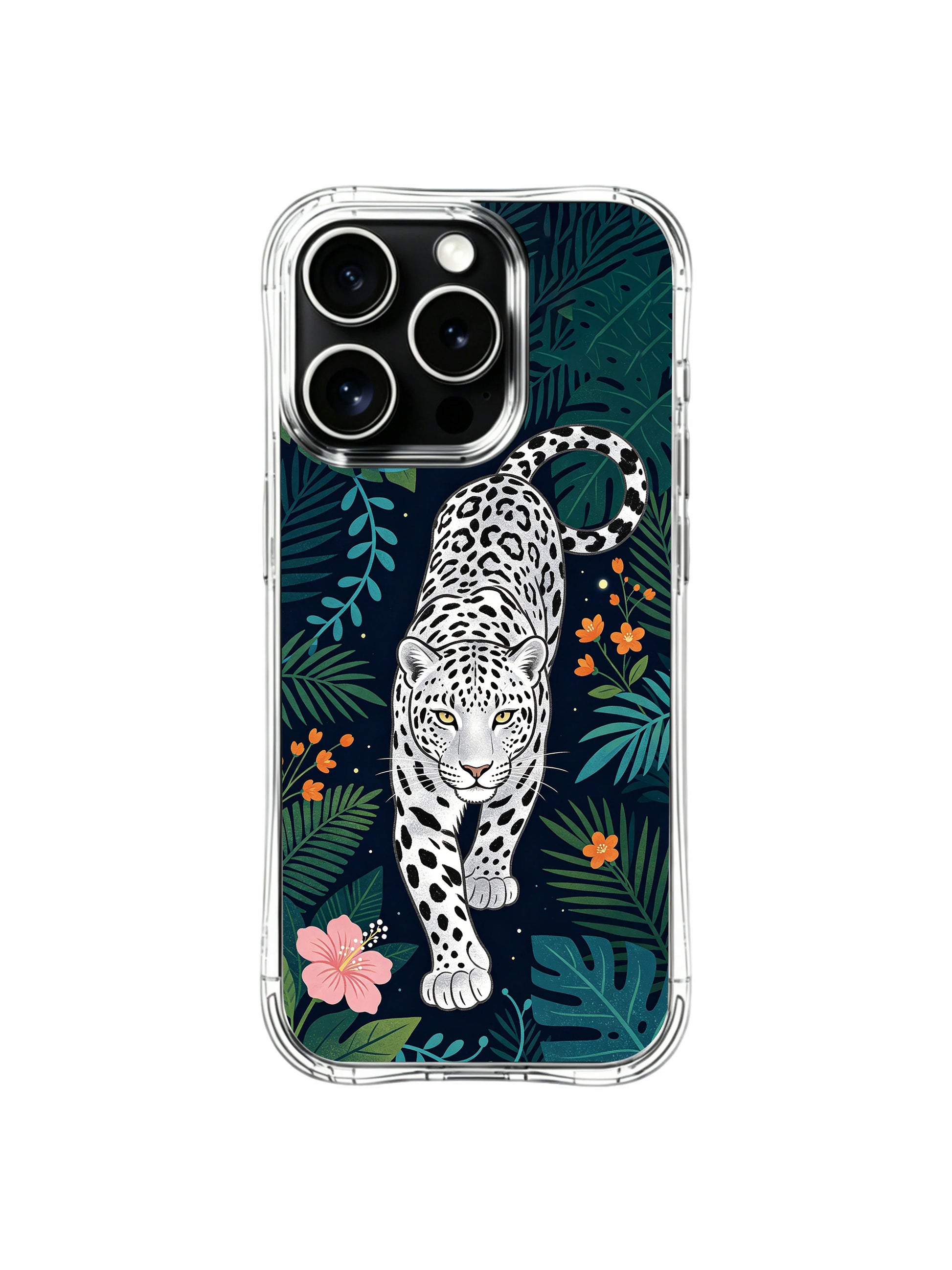 Cool dark mood exotic wildlife silver leopard iPhone 13 pro Case from PhoneCasing, long-wearing anti-scratch iPhone 13 pro casing, nocturnal jungle floral handmade artist phone cover.