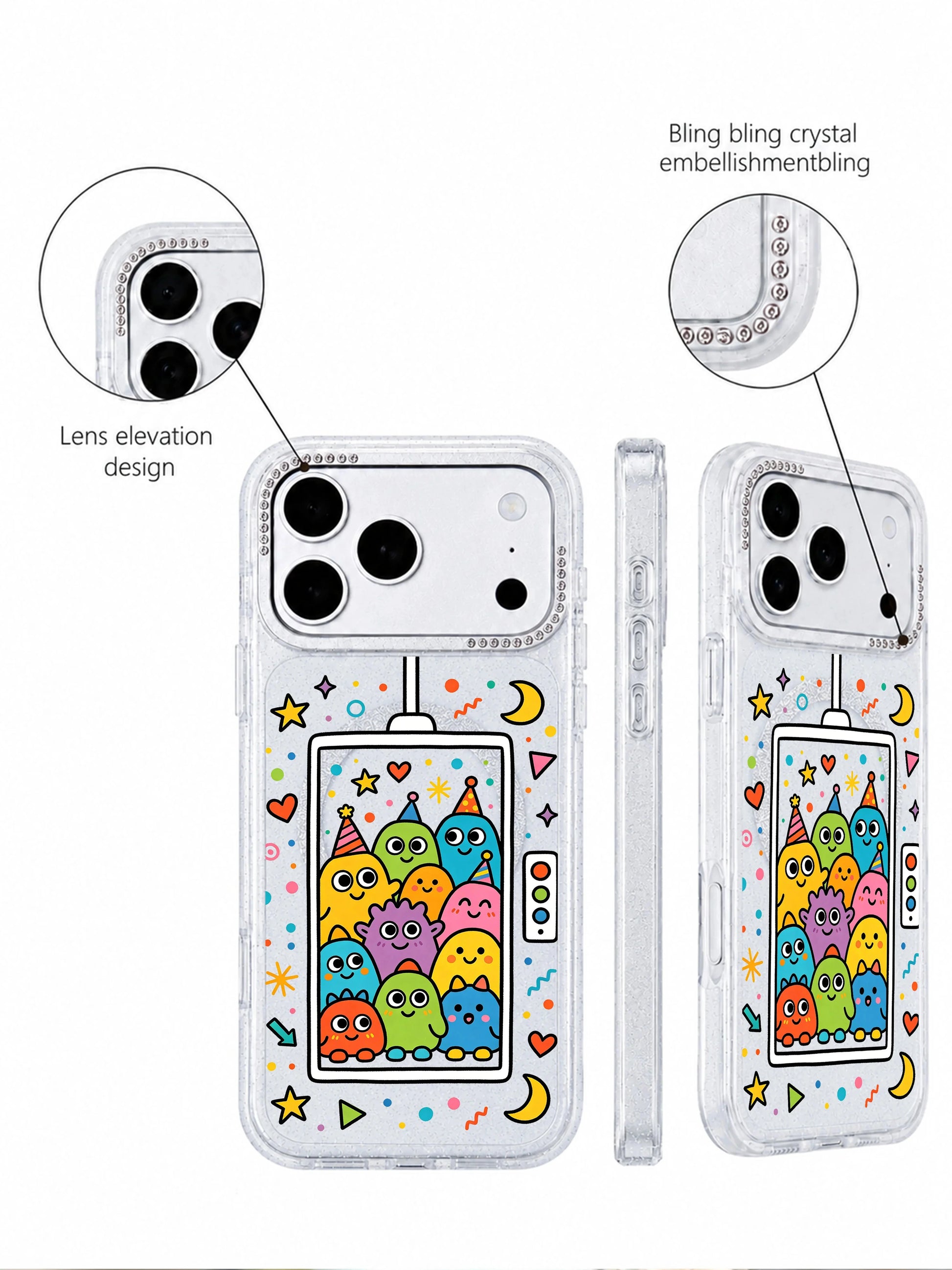 PhoneCasing macro close-up of bling crystal rhinestone camera bezel on Color Border Dream Lift iPhone 17 Pro Max case, raised scratch-proof lens lip highlighting premium finishing on the iPhone 17 Pro Max casing