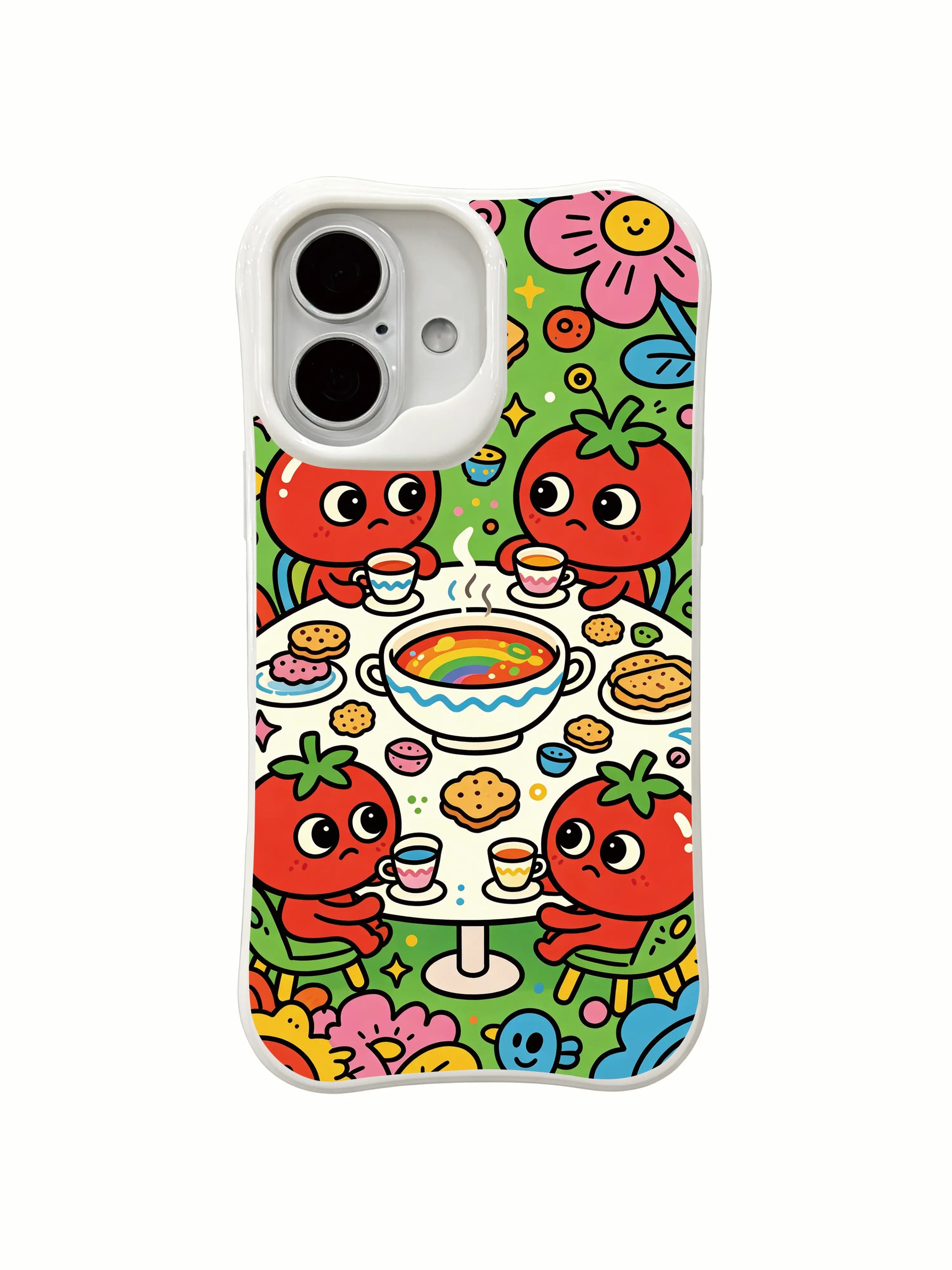 PhoneCasing colorful doodle cosmic feast iPhone 16 Plus Case, vivid scene of aliens discussing cosmic matters.