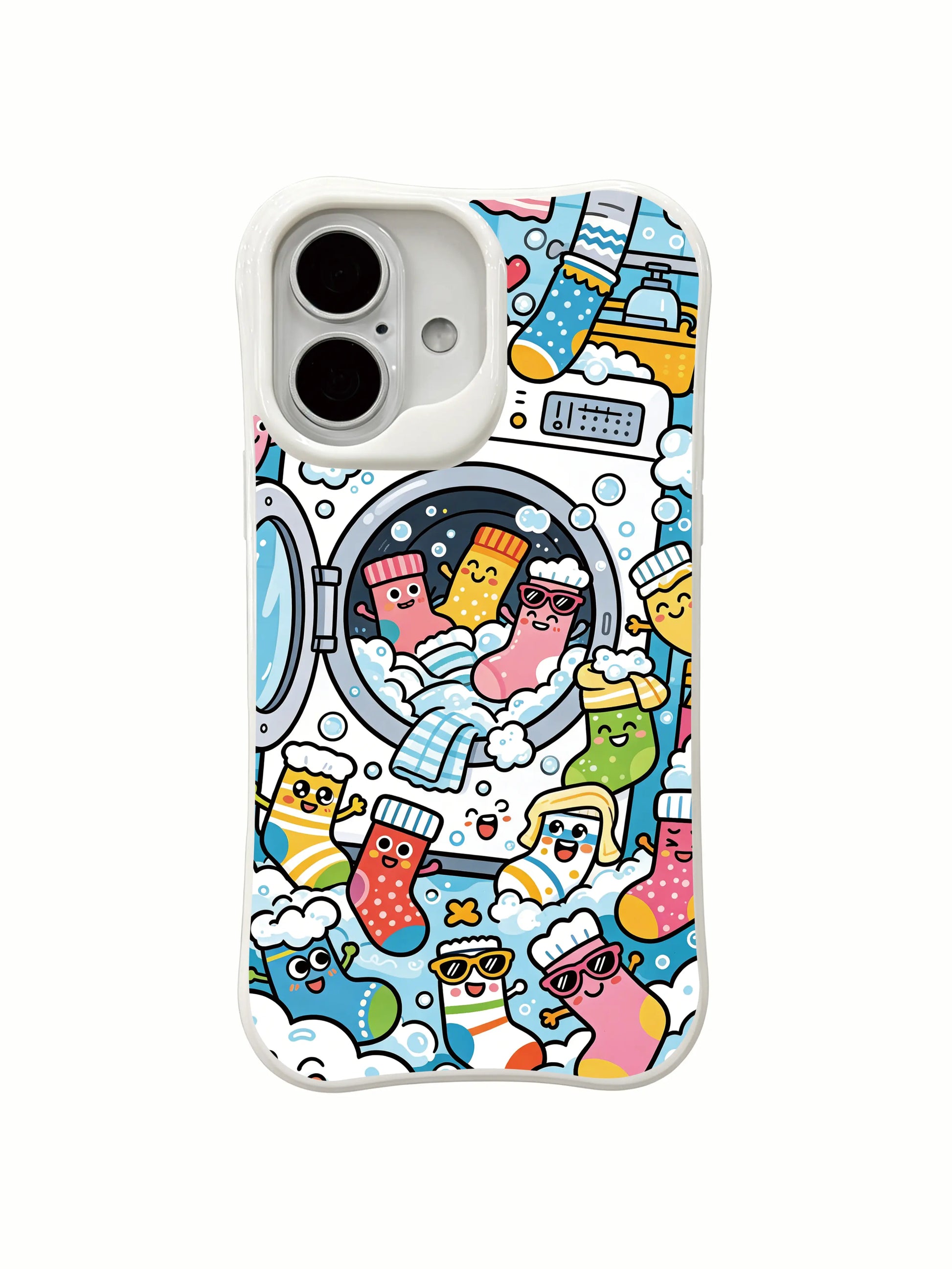 PhoneCasing colorful doodle laundry sock iPhone 16 Plus Case, vivid bubble scene full of fun sock characters.