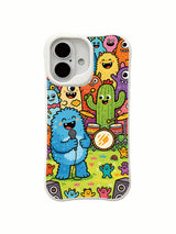 Colorful monster party doodle artwork on an iPhone 16 Plus case