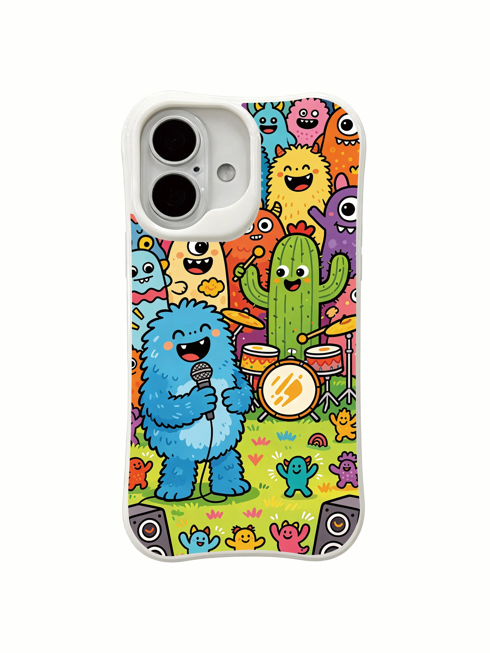 PhoneCasing colorful doodle monster party iPhone 16 Plus Case, vivid scene of monsters rocking out on a sunny grassland.