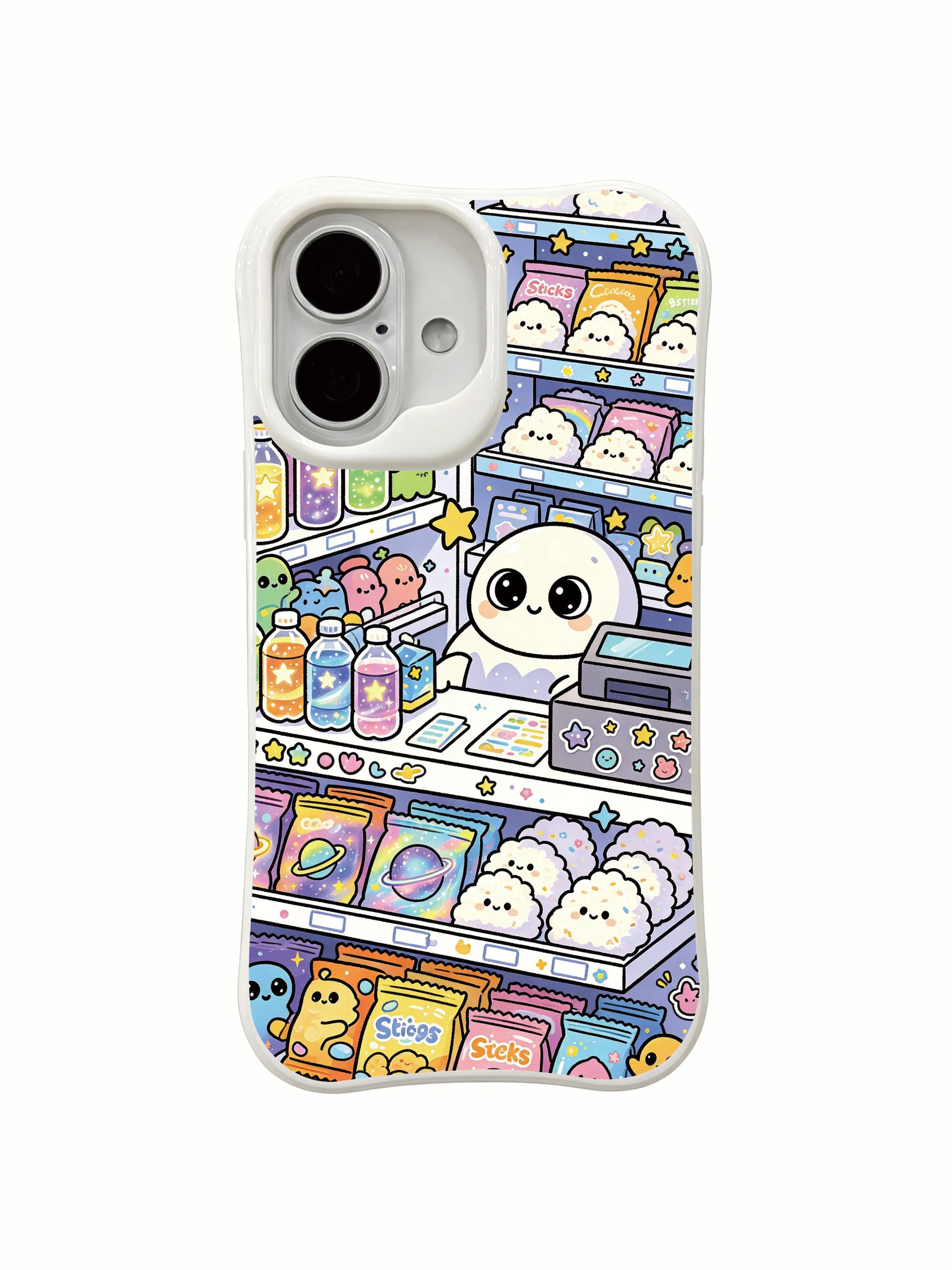 PhoneCasing colorful doodle space market iPhone 16 Plus Case, vivid cosmic scene full of fun alien characters.
