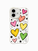 PhoneCasing hand-drawn heart shower iPhone 16 plus case, vibrant multicolor doodle hearts on white backdrop, premium iphone 16 plus casing with anti-scratch glossy finish.