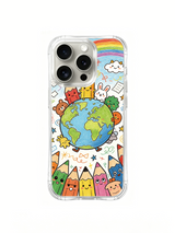 PhoneCasing iPhone 16 Pro Case with color pencil earth and rainbow art, Milo Yun’s Color Pencil Planet series, high-quality printed casing.