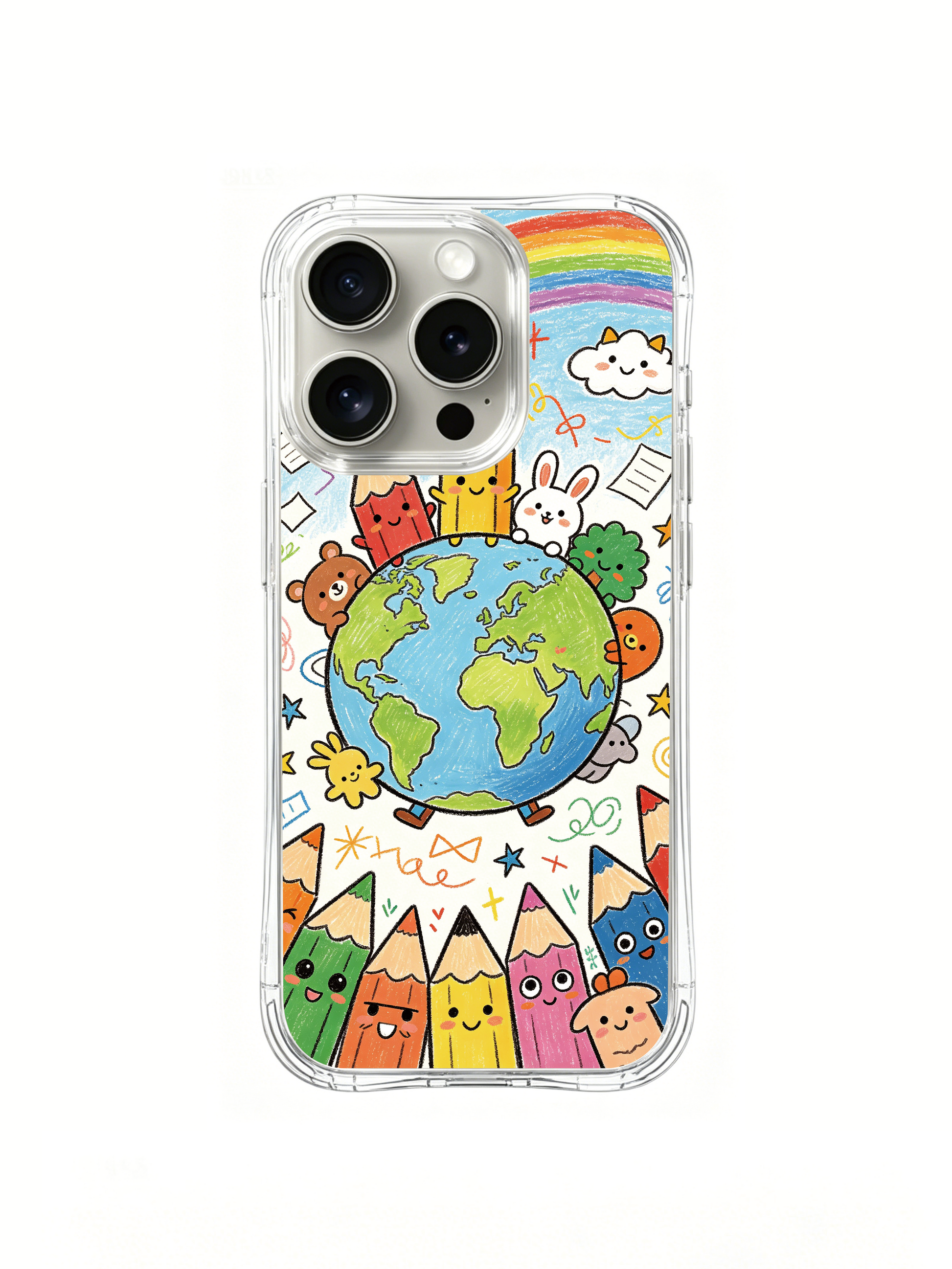 PhoneCasing iPhone 16 Pro Case with color pencil earth and rainbow art, Milo Yun’s Color Pencil Planet series, high-quality printed casing.
