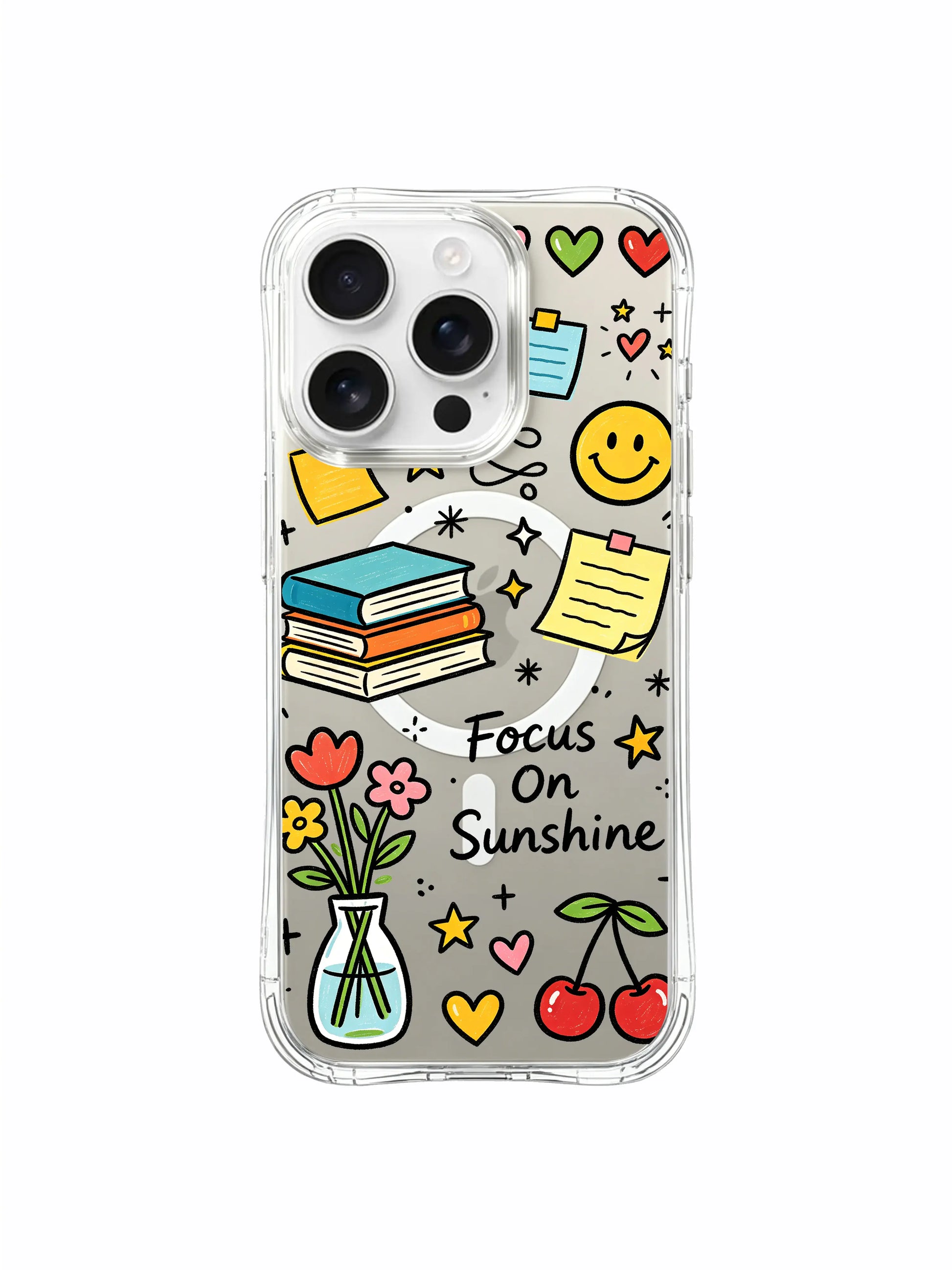 PhoneCasing iPhone 16 pro max transparent MagSafe case with rainbow-colored book stacks, smiley faces and flower vase decorative motifs.