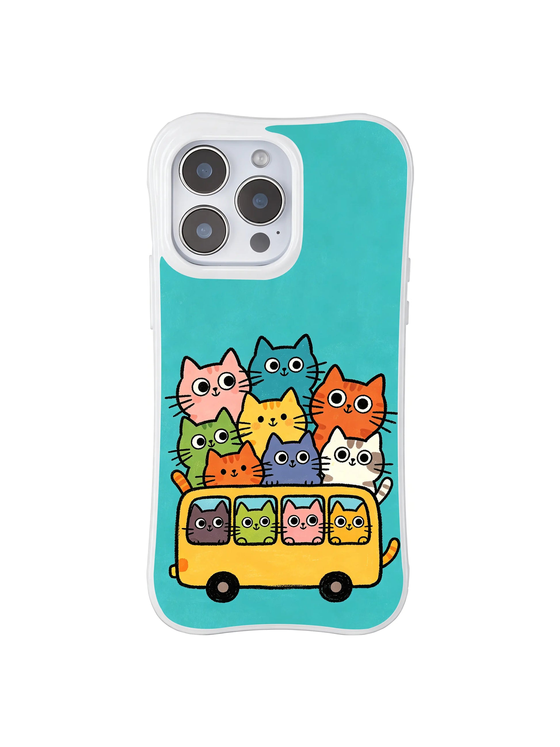 PhoneCasing iPhone 16 pro max protective case with vibrant cats on a bus, bringing a lively touch to your device.
