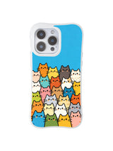 PhoneCasing iPhone 16 pro max clear protective case with a crew of colorful cats, a whimsical and joyful group photo design by Mimi Colorfield.