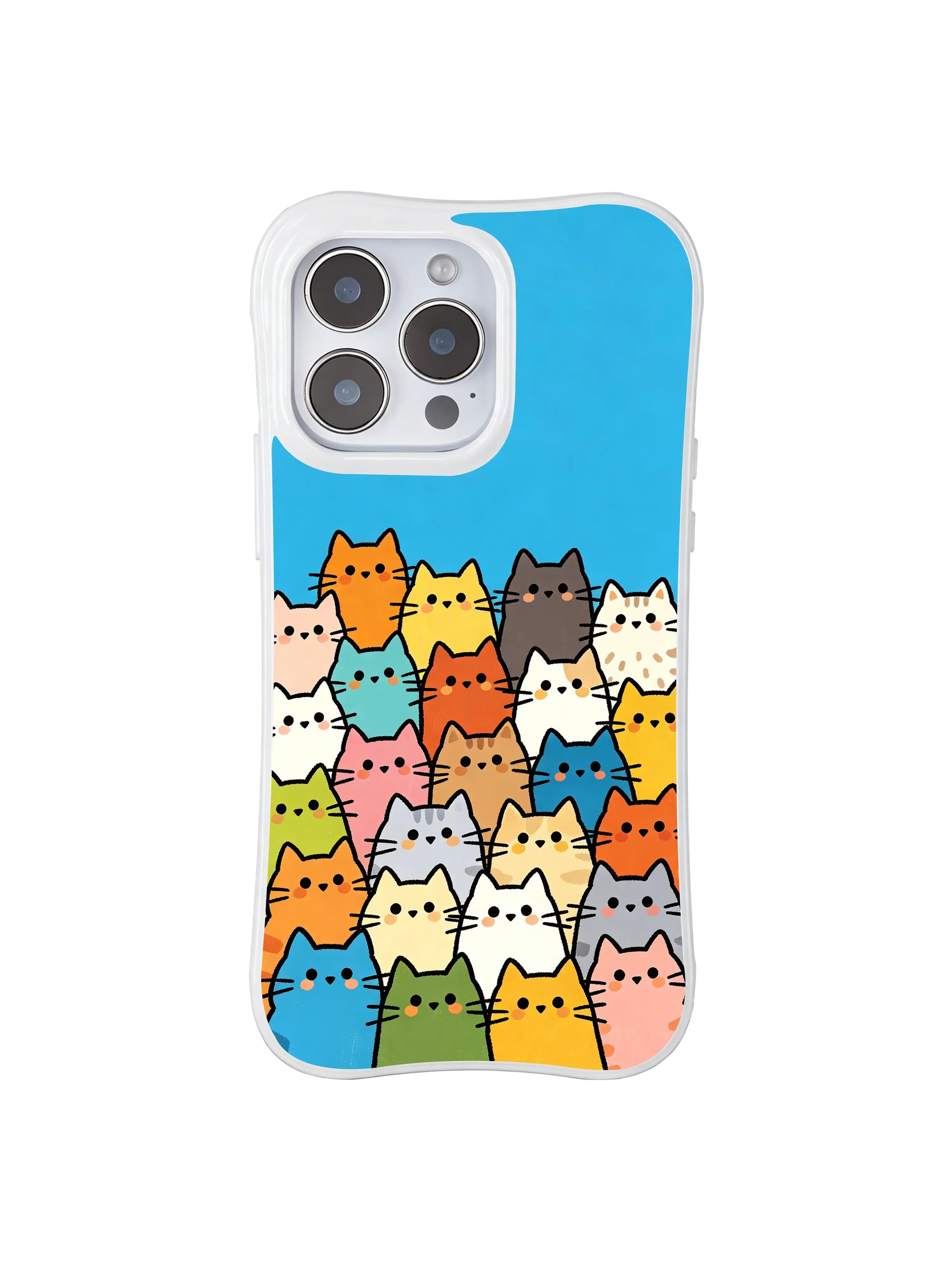 PhoneCasing iPhone 16 pro max clear protective case with a crew of colorful cats, a whimsical and joyful group photo design by Mimi Colorfield.