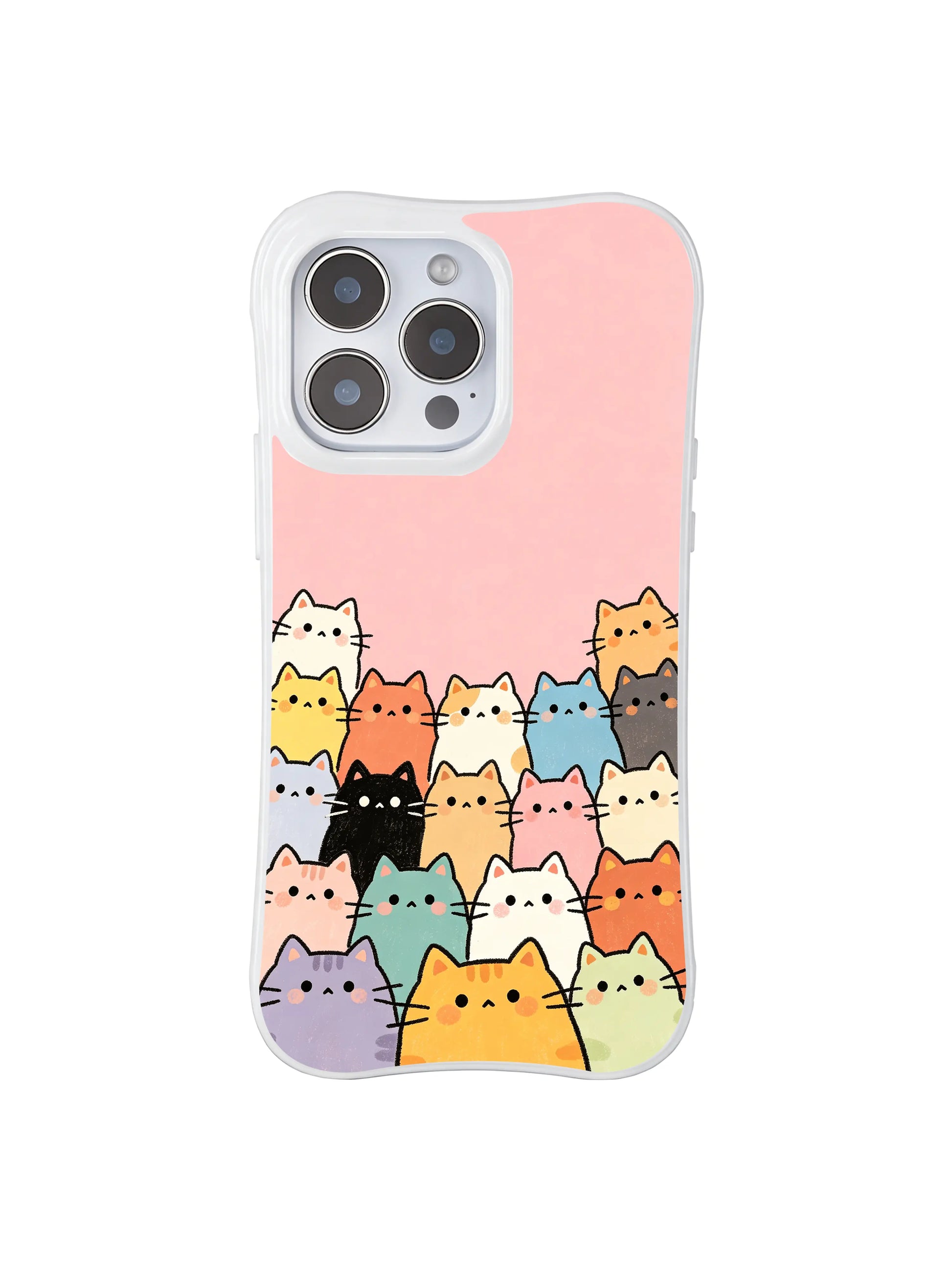 PhoneCasing iPhone 16 Pro Max with Colorful Cat Crew print, diverse cute cats peeking out from the bottom against a calm pink background.