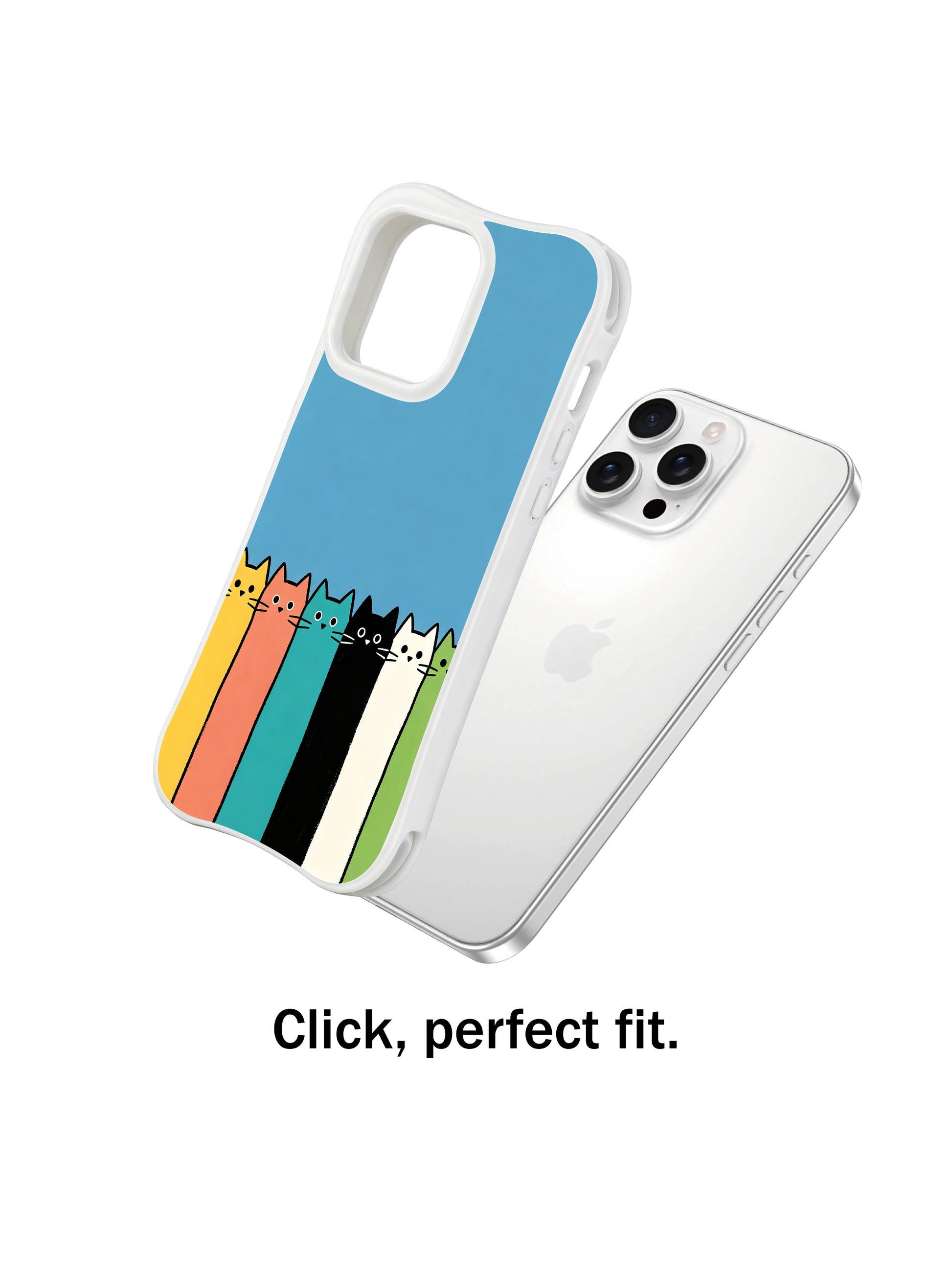 PhoneCasing iPhone 16 Pro Max with Colorful Cat Queue design, whimsical kitties standing in a casual line on a bright blue backdrop.
