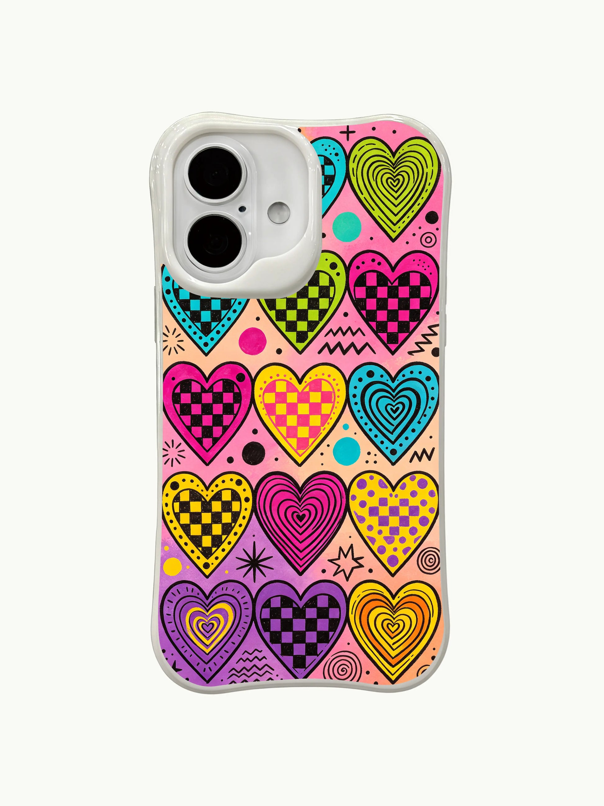 PhoneCasing Colorful Checker Hearts Case for iPhone 16 Plus, a vibrant iPhone 16 plus casing with mixed pattern hearts and gradient accents.