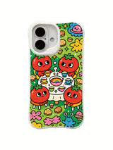 PhoneCasing colorful cosmic snack iPhone 16 Plus Case, lively design of round tomato aliens and rainbow soup.