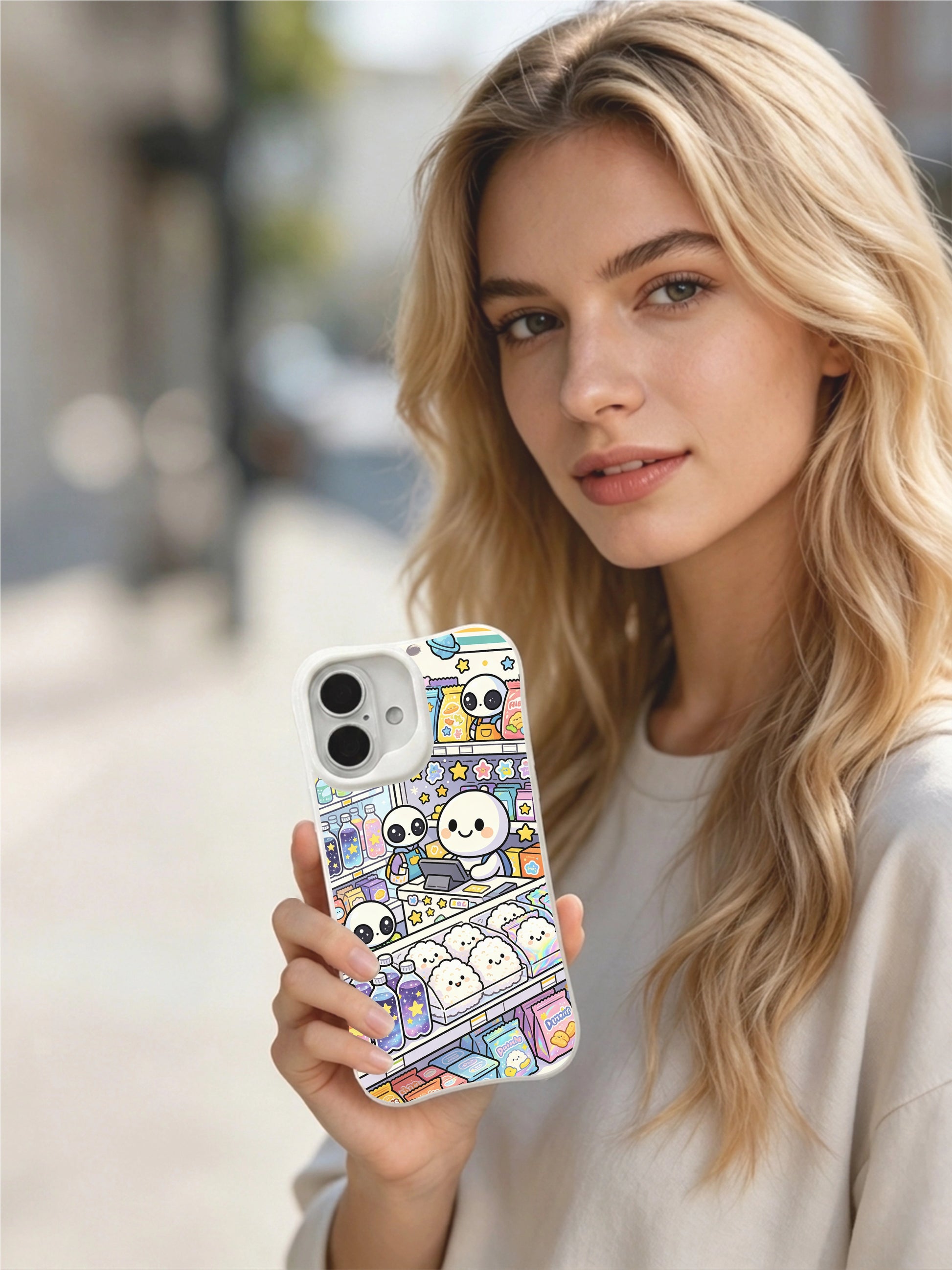 PhoneCasing colorful cosmic snack iPhone 16 Plus Case, vibrant design with star soda and galaxy chips by Milo Yun.