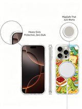 Colorful dinosaur picnic artwork on an iPhone 16 Pro case