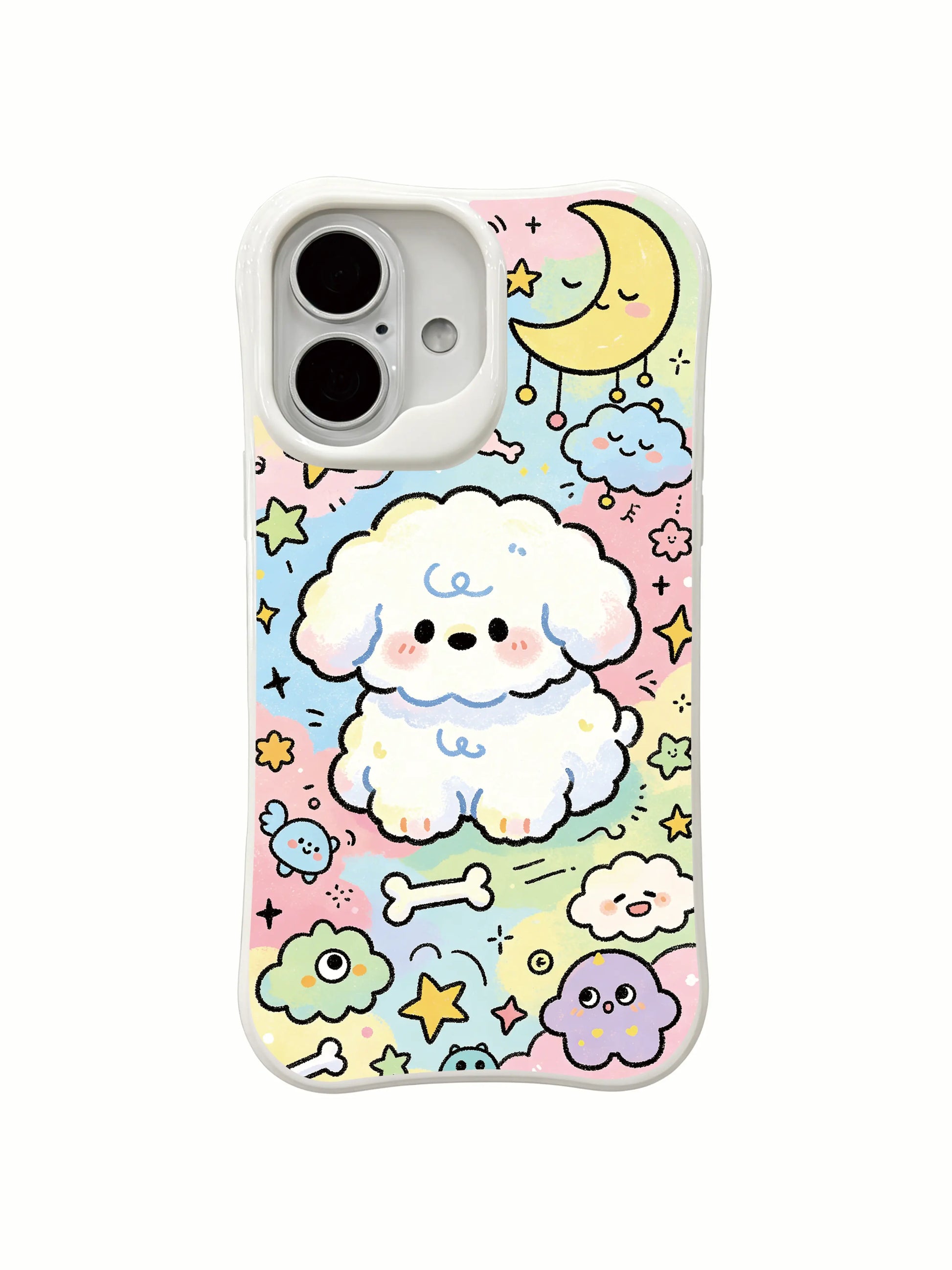 PhoneCasing colorful dream dog iPhone 16 Plus Case, joyful whimsical design from Milo Yun’s Dreamland Map for stylish women.