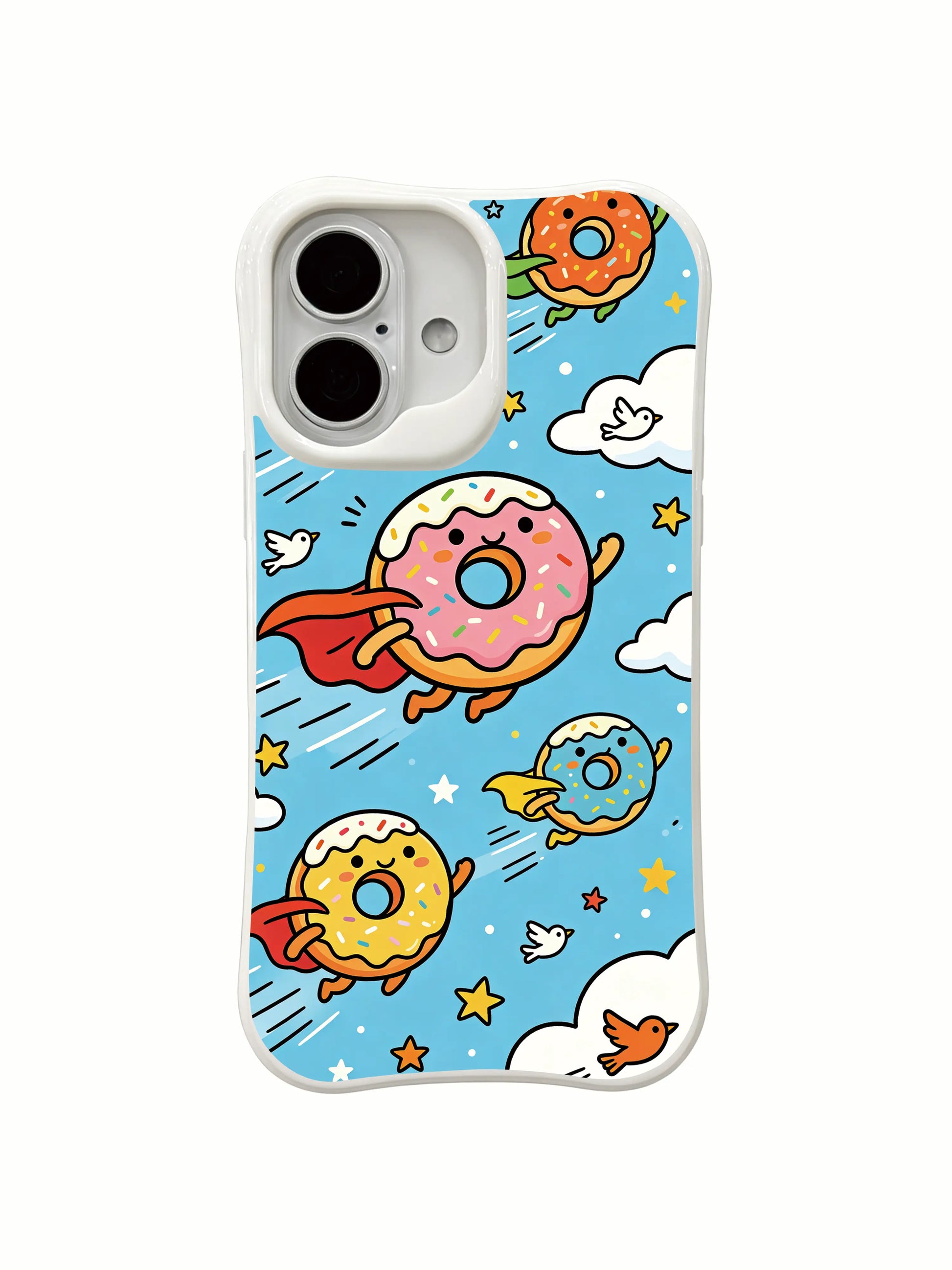 PhoneCasing colorful donut squad iPhone 16 Plus Case, lively design of frosted donuts with capes flying through clouds.
