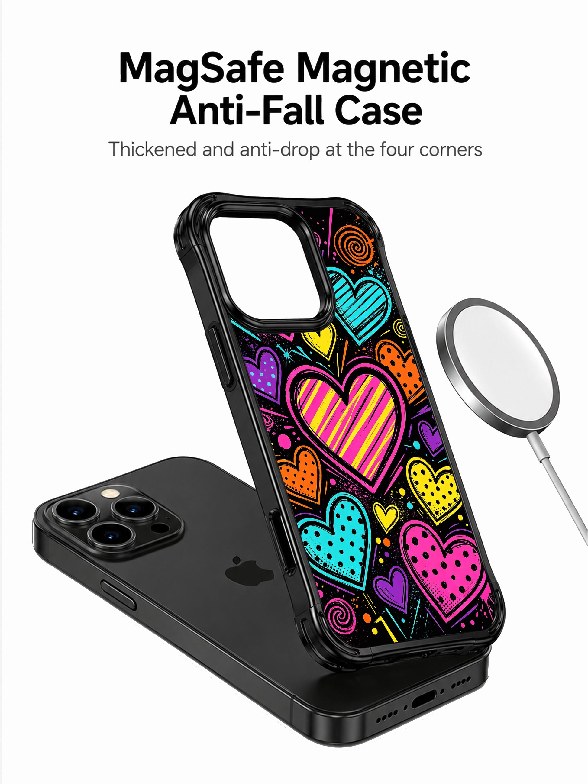 PhoneCasing iPhone 13 Pro Max case with colorful hand drawn heart parade design, striped and polka dot pop art casing for bold romantic style lovers.