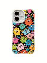 Colorful doodle monsters on an iPhone 16 Plus case