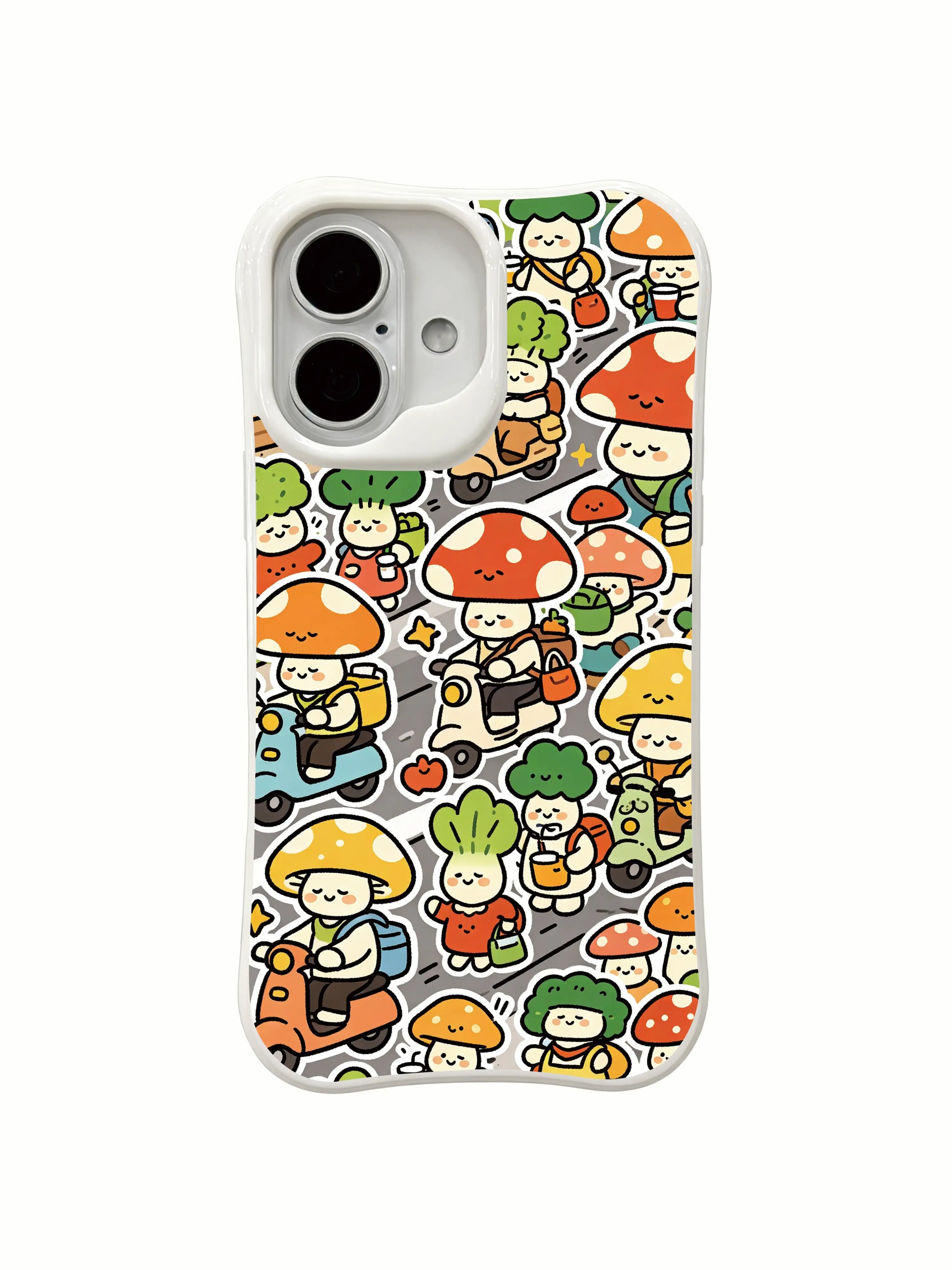 PhoneCasing colorful doodle town iPhone 16 Plus Case, Milo Yun’s Mushroom Town Rush Hour with vibrant street scene art.