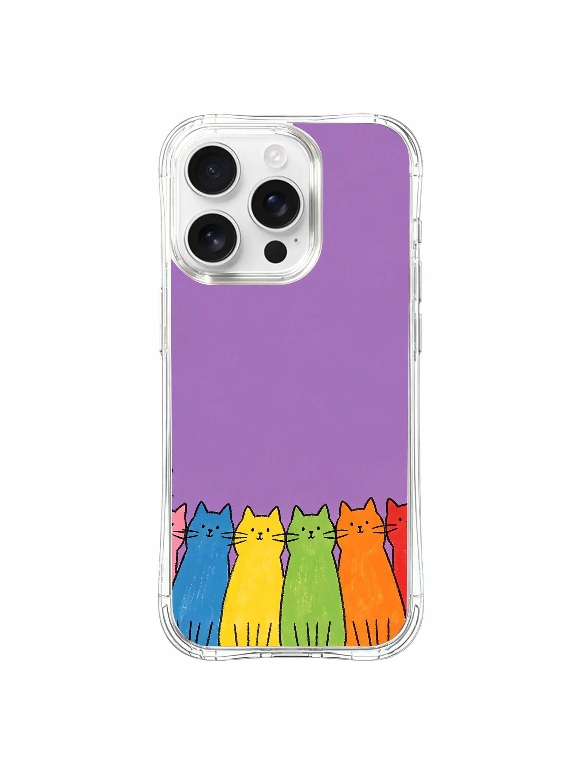 PhoneCasing iPhone 16 Pro Max with Colorful Feline Gathering art, rainbow cats peeking from the bottom of a soft purple background.