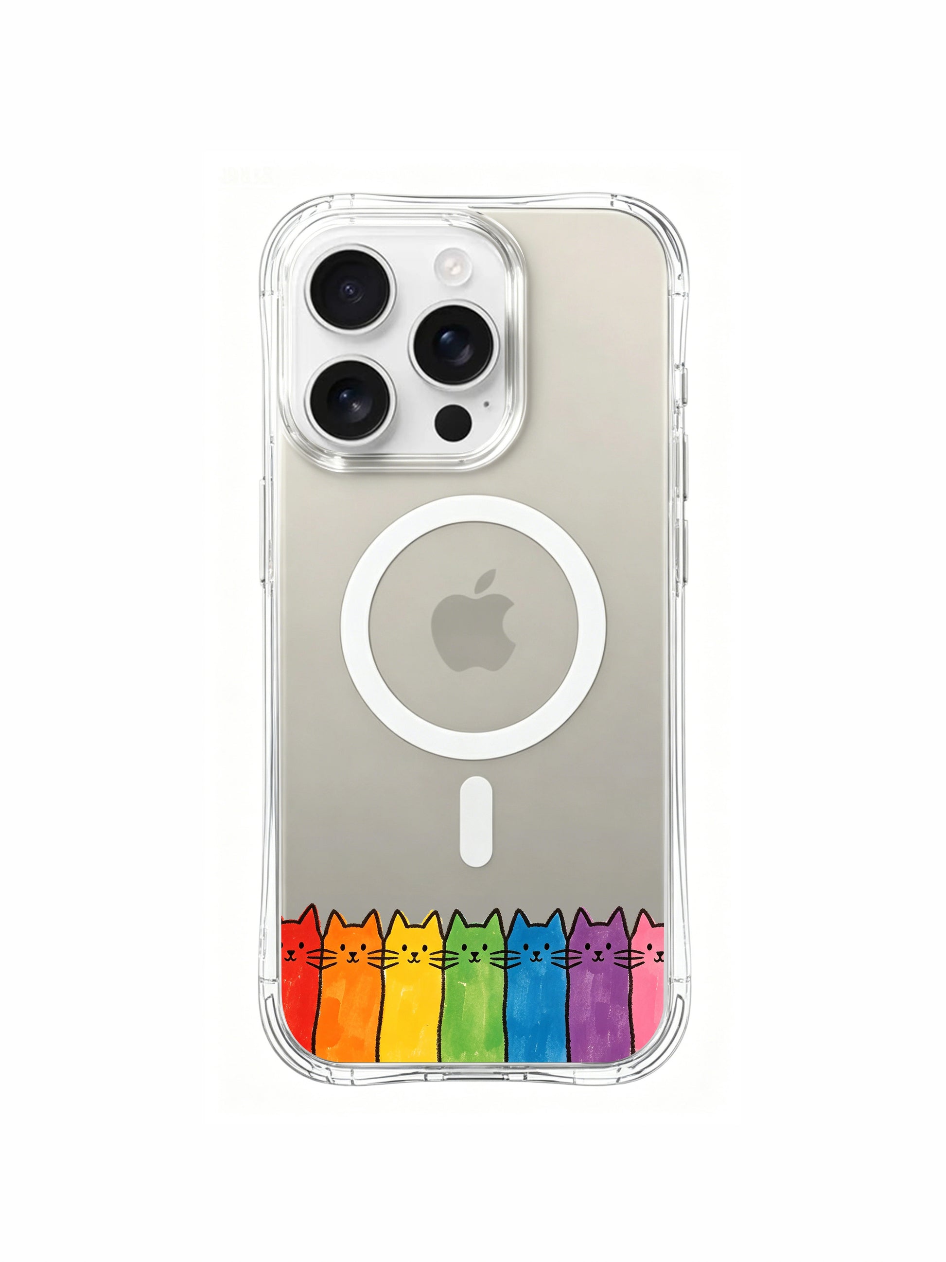 PhoneCasing iPhone 16 Pro Max featuring Rainbow Cat Lineup art by Mimi Colorfield, colorful cats forming a cheerful rainbow at the bottom of the clear case.