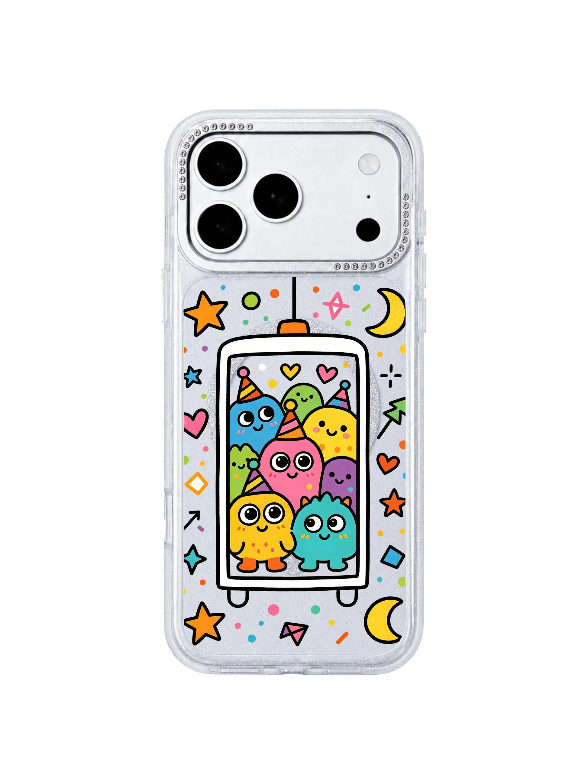 PhoneCasing side cutout close-up showing perfectly molded volume buttons, lightning charging port and speaker grilles on Colorful Frame Dream Lift iPhone 17 Pro Max case, custom zero-loose tailored fit demonstration for the iPhone 17 Pro Max casing
