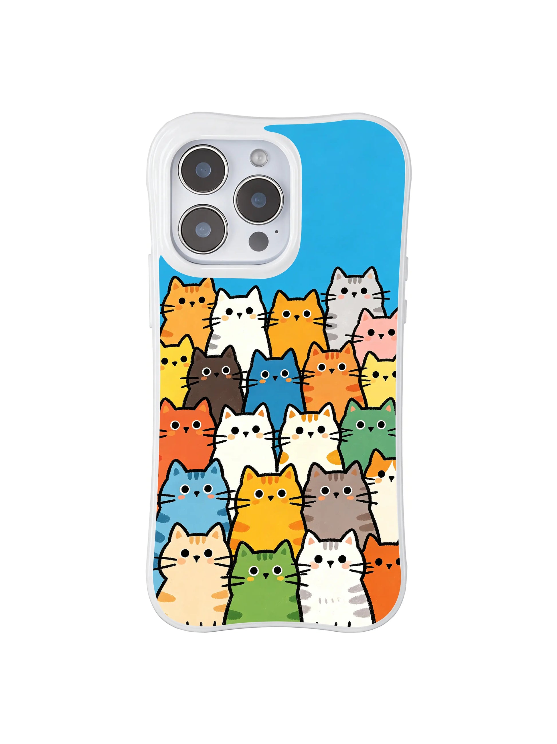 PhoneCasing iPhone 16 pro max anti-yellowing case with a whimsical "class photo" of colorful cats, a unique and fun design by Mimi Colorfield.