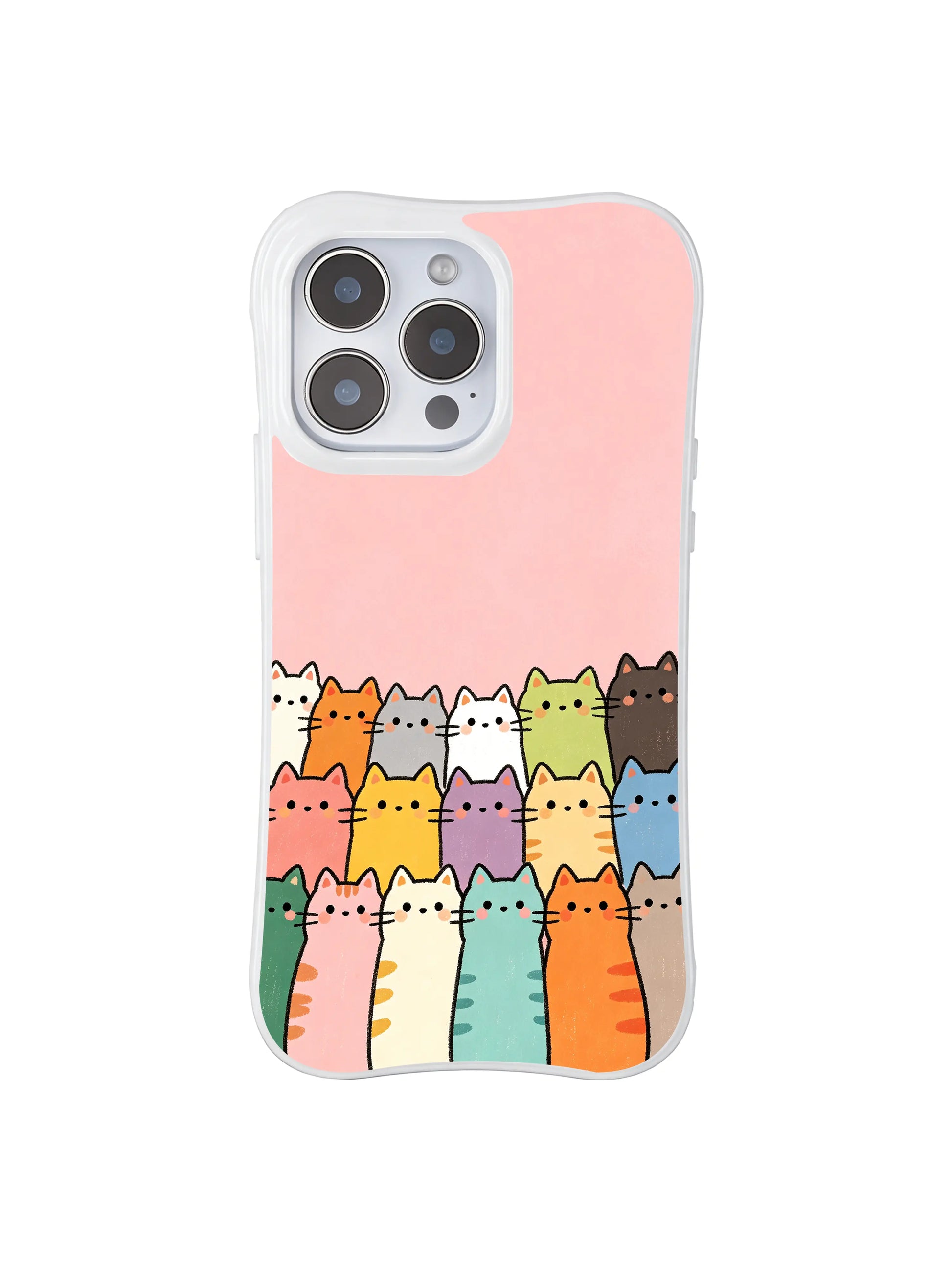 PhoneCasing iPhone 16 Pro Max showcasing Colorful Kitten Community, a gathering of diverse cats creating a cheerful mood on pink.