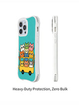 PhoneCasing iPhone 16 pro max anti-yellowing case with Mimi Colorfield art, colorful kittens packed on a fun bus adventure.