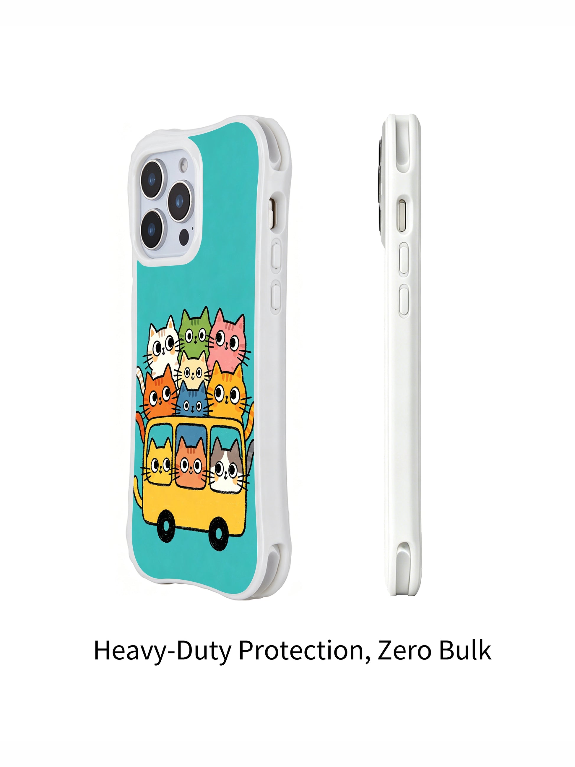 PhoneCasing iPhone 16 pro max anti-yellowing case with Mimi Colorfield art, colorful kittens packed on a fun bus adventure.