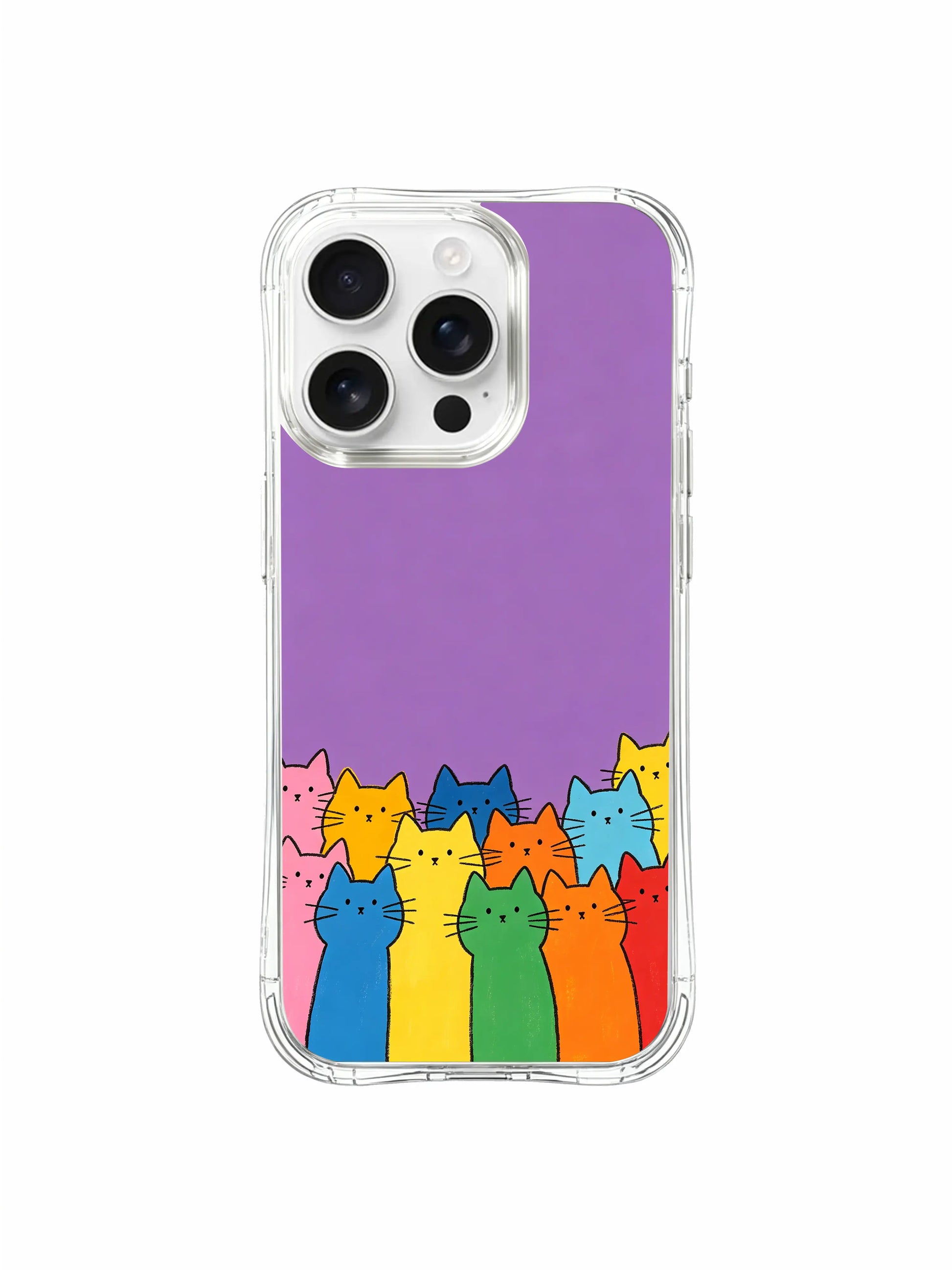 PhoneCasing iPhone 16 Pro Max with Colorful Kitty Team art, a lively crowd of rainbow-colored cats peeking from the bottom.