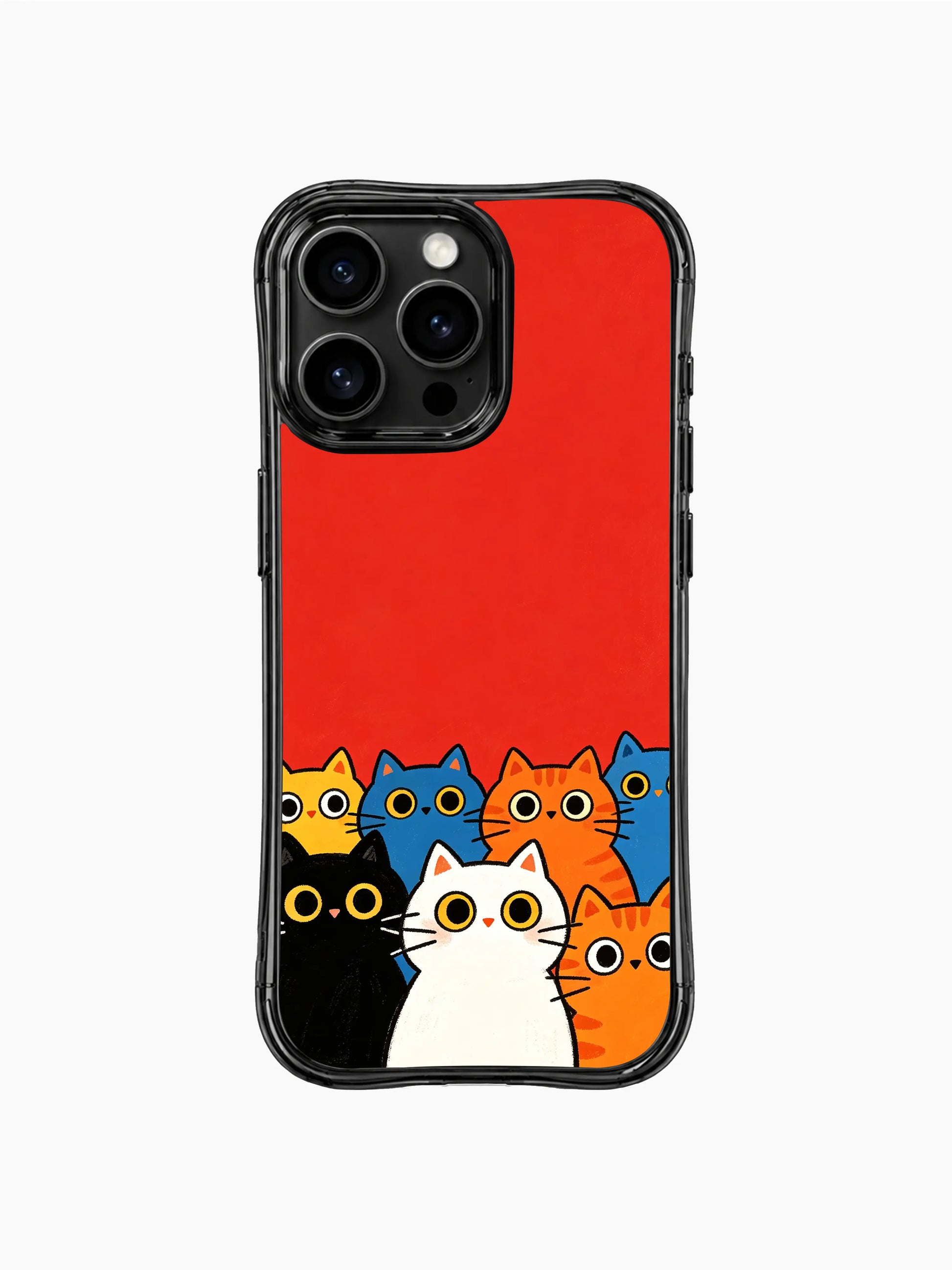 PhoneCasing iPhone 16 pro max protective case with whimsical art, multicolored cats radiating happiness.