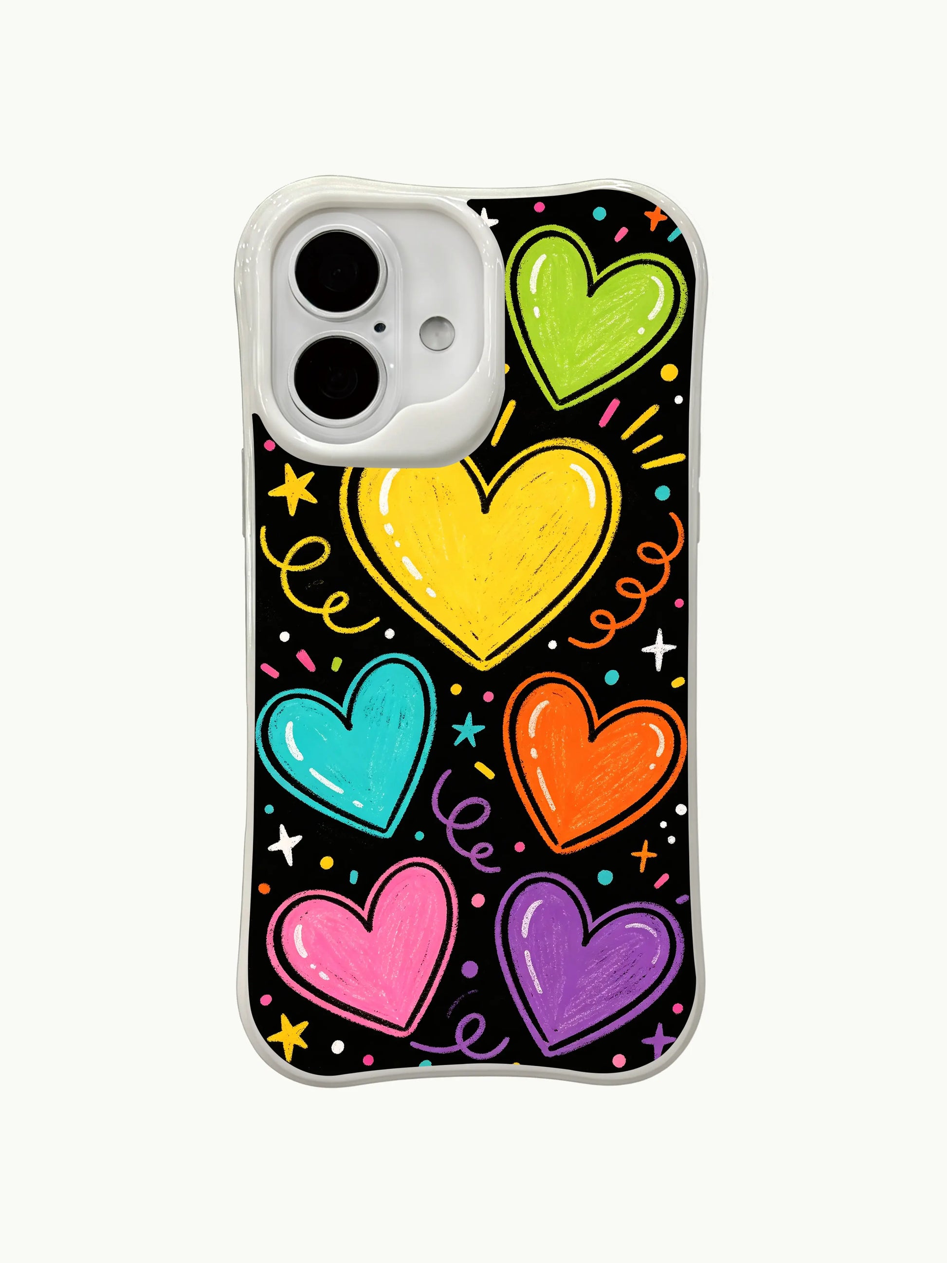 PhoneCasing colorful neon hearts iPhone 16 plus case, a fun and energetic iphone 16 plus casing with a party-inspired design featuring bright hearts, stars, and confetti on a black backdrop.