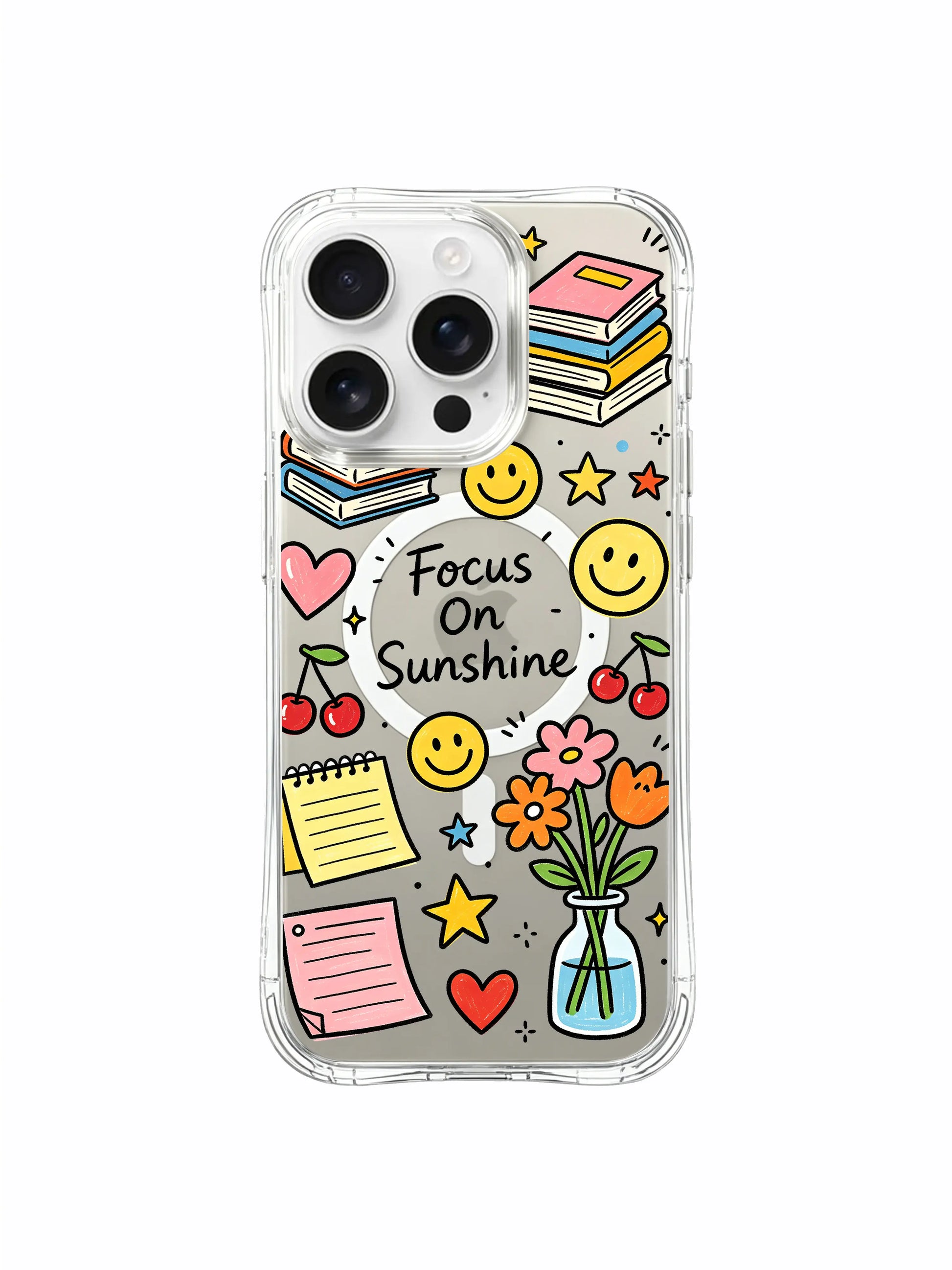 PhoneCasing iPhone 16 pro max MagSafe compatible case with bright sticky notes, book piles, cherry doodles and Focus On Sunshine positive lettering.