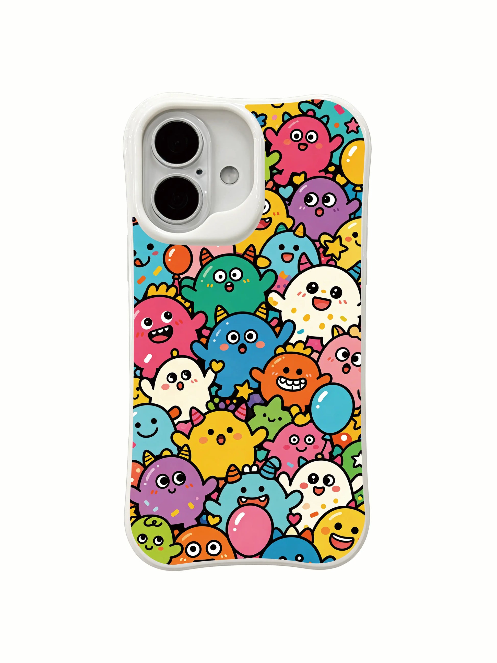 PhoneCasing colorful party monster iPhone 16 Plus Case, joyful chaos design from Milo Yun’s Candy Monster Parade for stylish women.