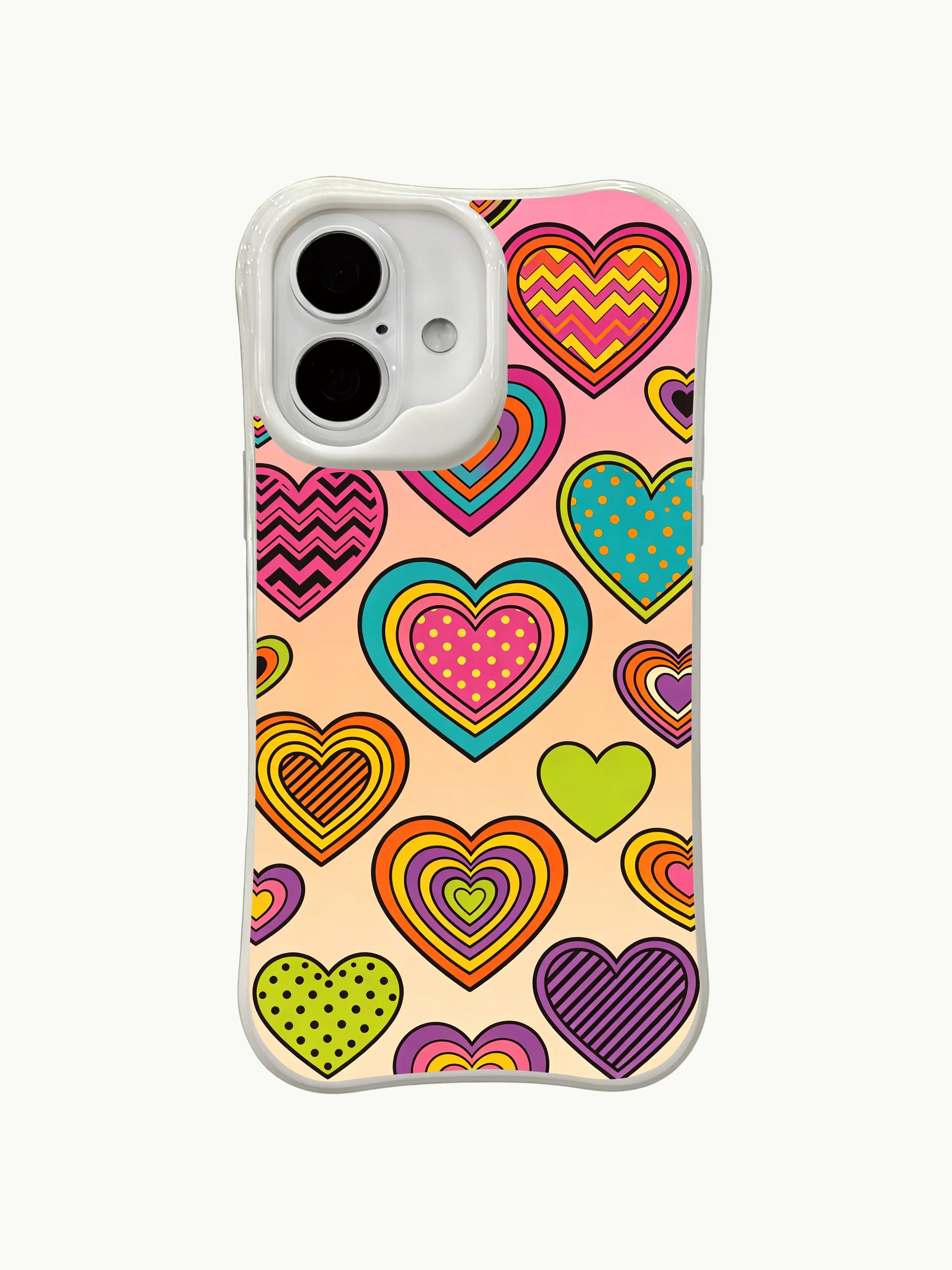 PhoneCasing colorful patchwork gala iPhone 16 plus case, original Daisy Vale art with multi-pattern hearts on a pastel gradient background.