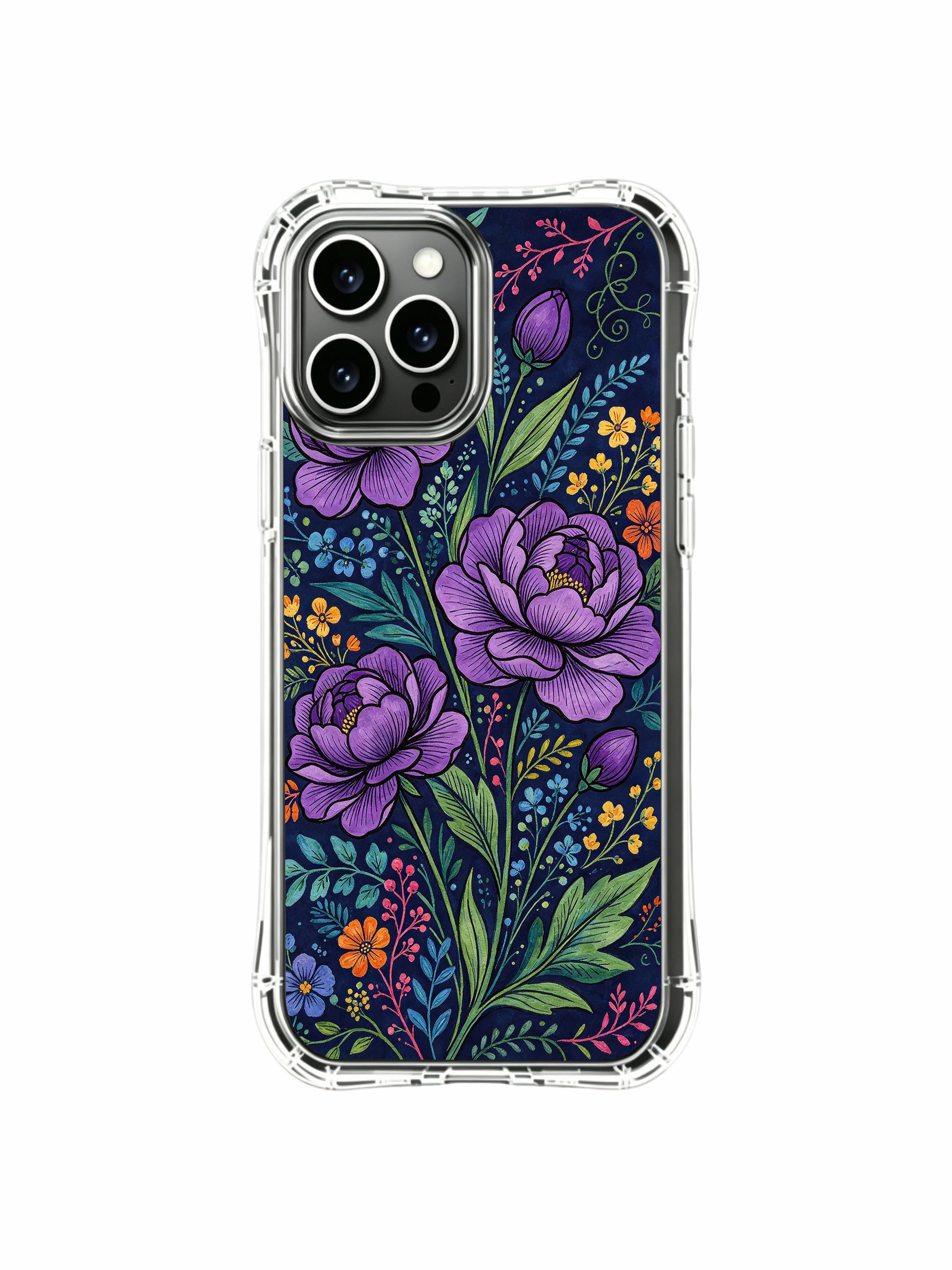 PhoneCasing iPhone 16 Pro Max Case with colorful peony night art. Purple peonies and wild blooms, scratch-resistant and durable case.