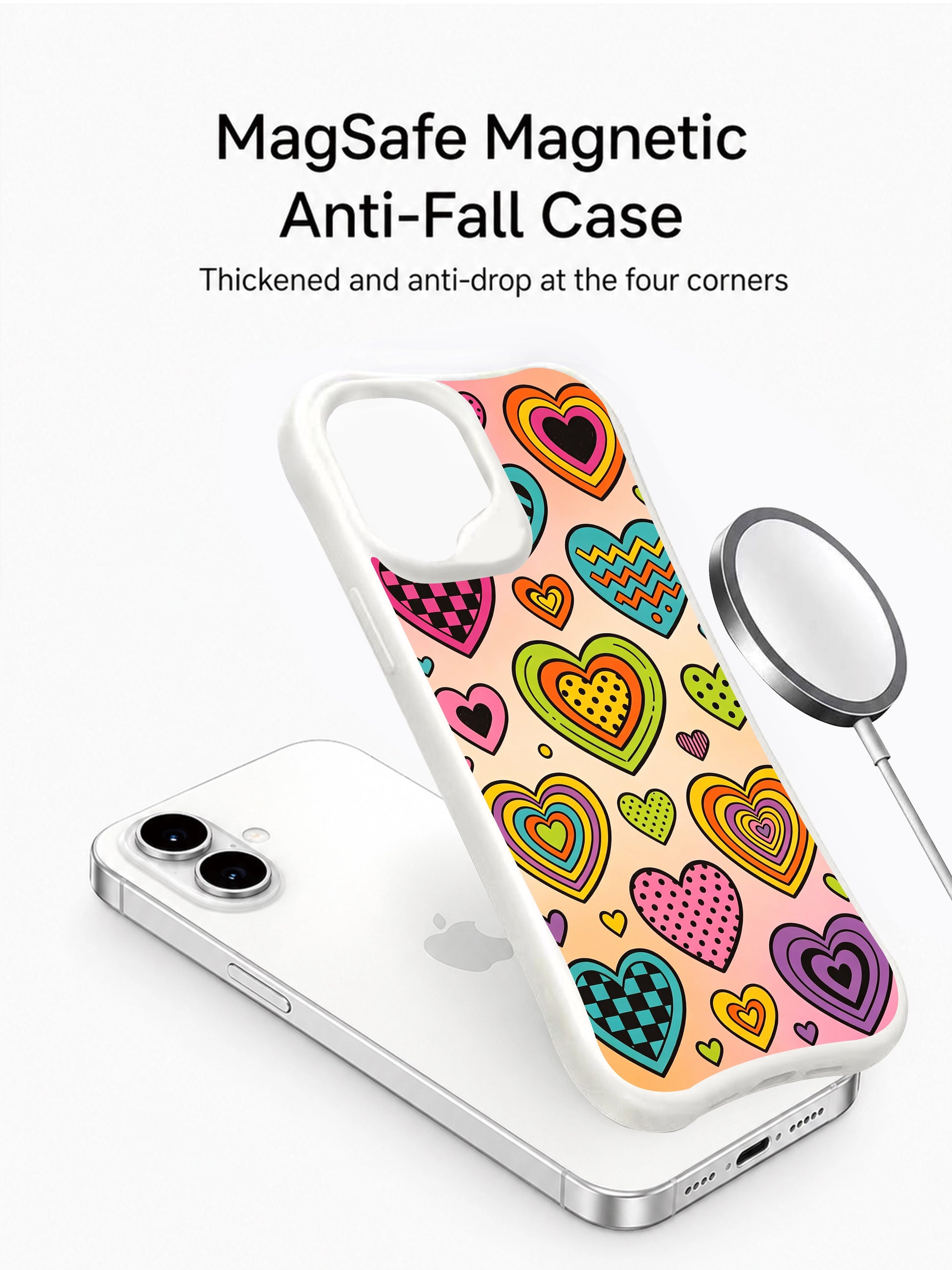 PhoneCasing colorful retro hearts iPhone 16 plus case, playful mix of geometric patterns and rainbow colors, perfect for bold style lovers.