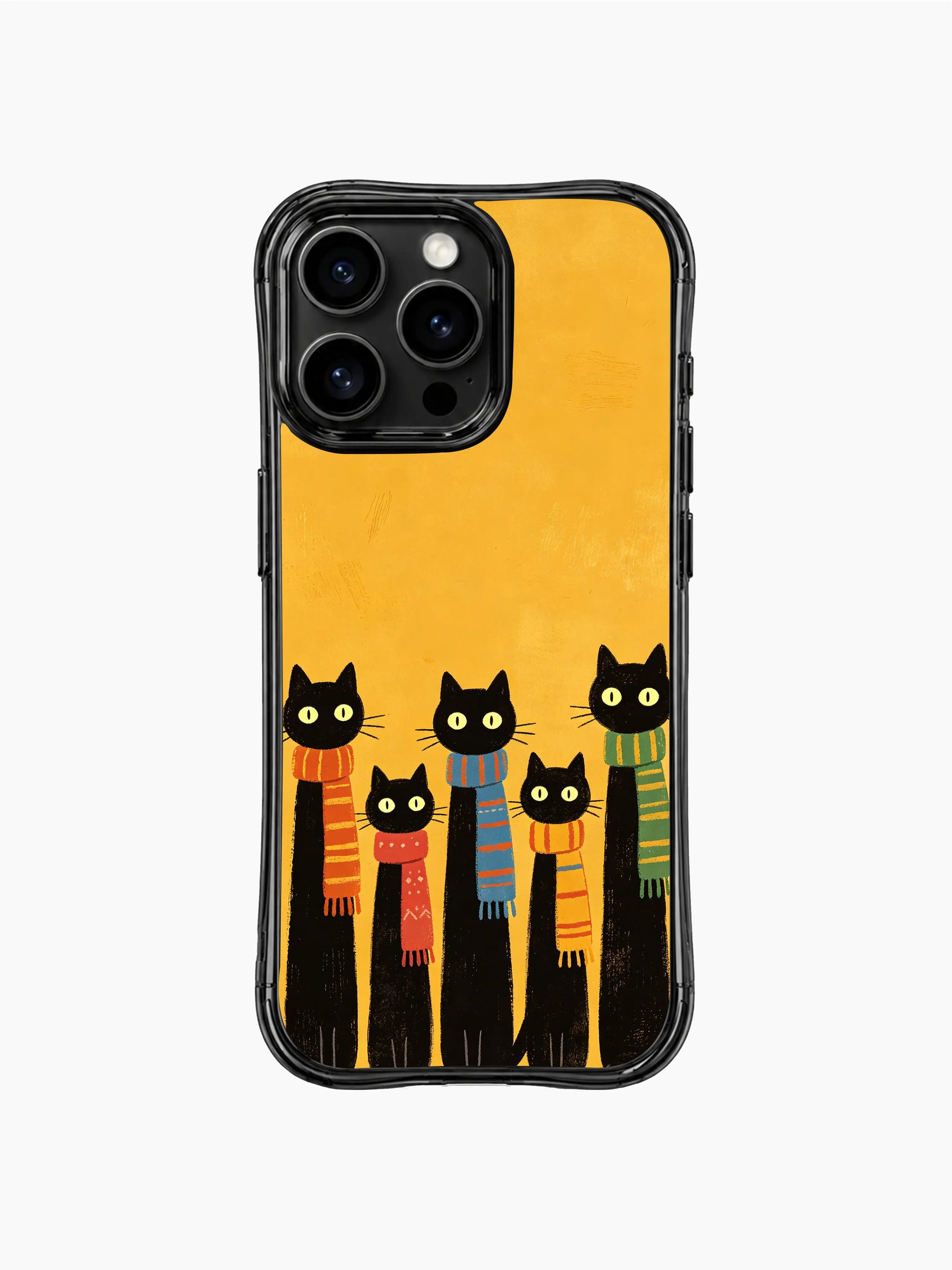PhoneCasing iPhone 16 Pro Max with Colorful Scarf Black Cats art, vibrant winter scarves making the black felines feel soft and lively.