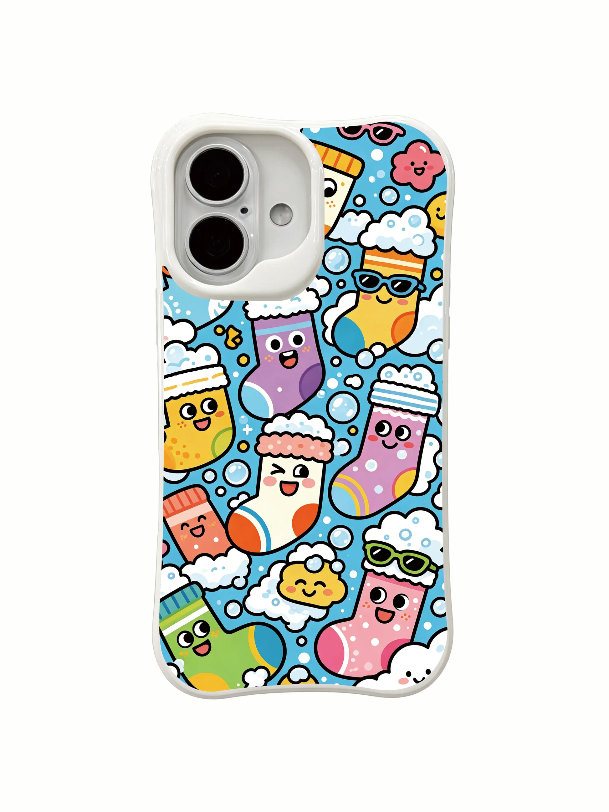 PhoneCasing colorful sock escape iPhone 16 Plus Case, vibrant design with bubble rides and silly sock monsters by Milo Yun.
