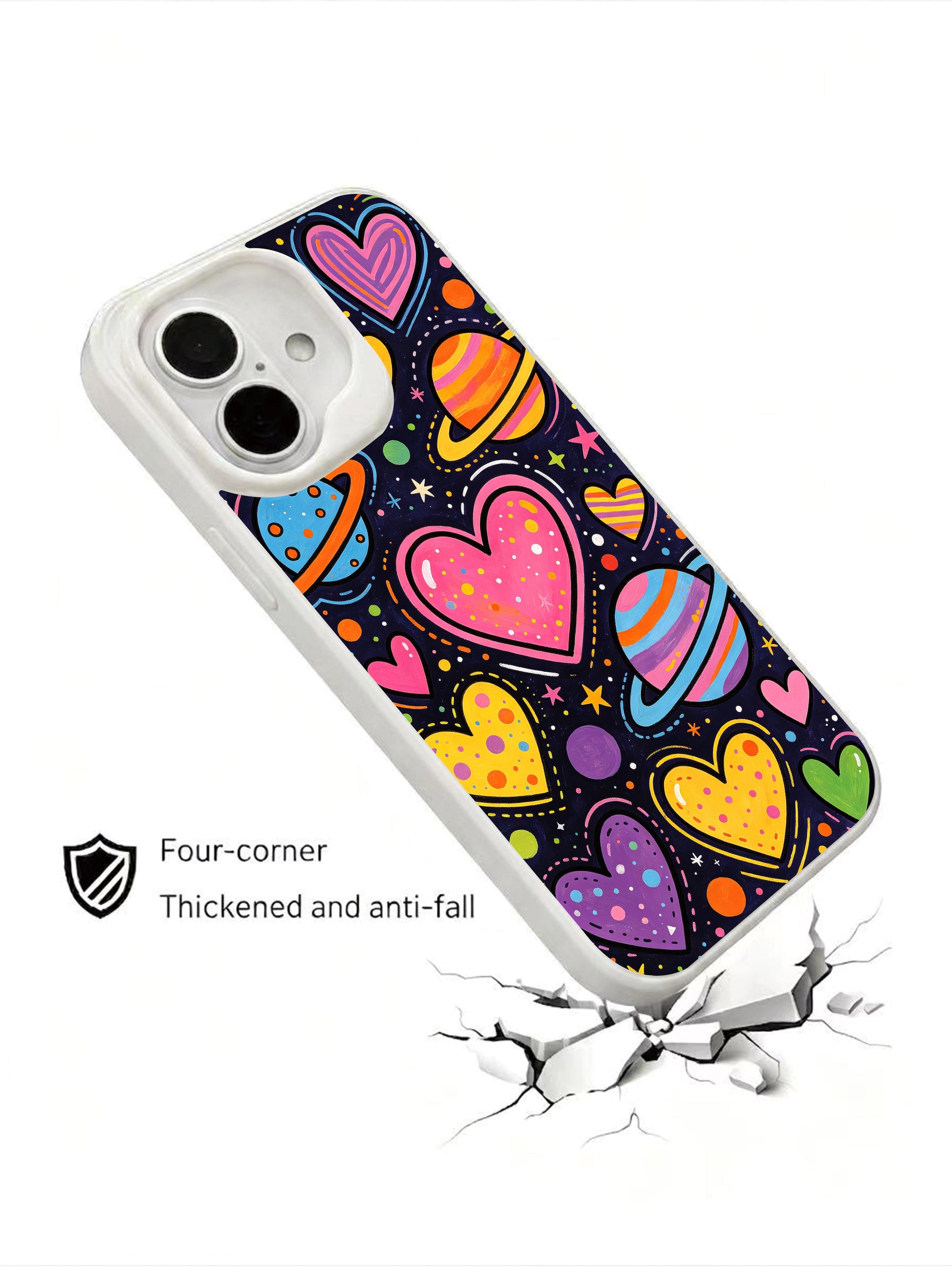 PhoneCasing Colorful Space Hearts Case for iPhone 16 Plus, a vibrant iPhone 16 plus casing with heart-shaped planets and stars.
