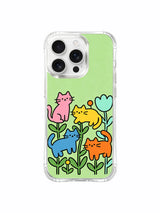 PhoneCasing iPhone 16 pro max scratch-resistant case with multicolored cats on a green background, bringing spring cheer to your phone.