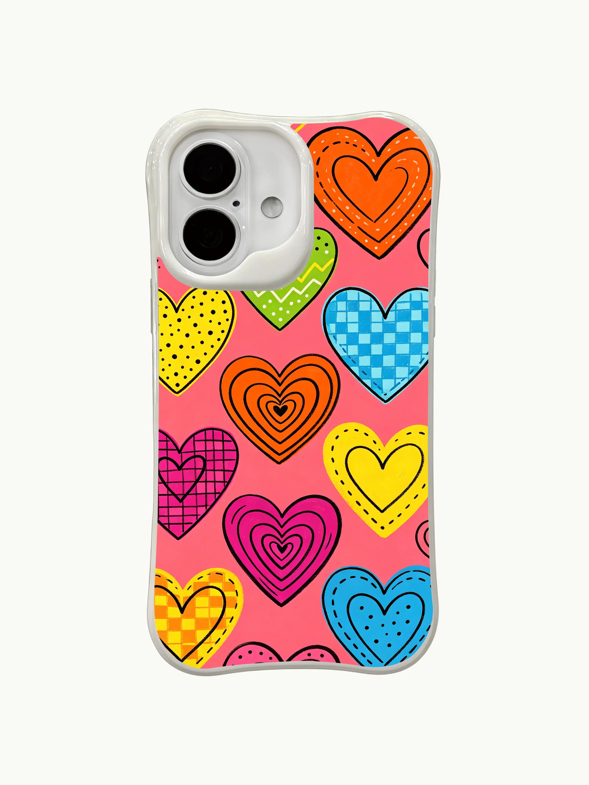 PhoneCasing Colorful Tropical Hearts Case for iPhone 16 Plus, a playful iPhone 16 plus casing with neon-colored hearts and fun details.