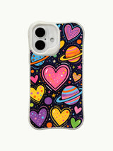 Colorful Universe Hearts artwork on an iPhone 16 Plus case