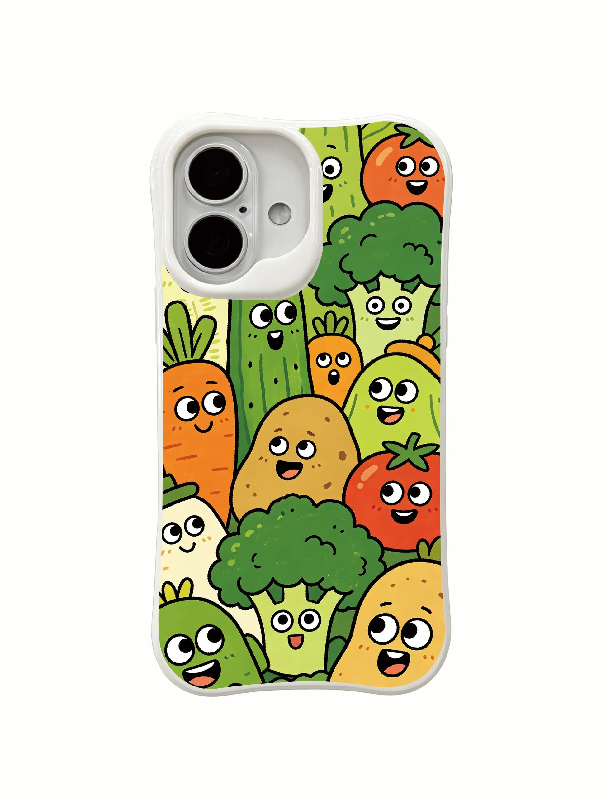 PhoneCasing colorful veggie squad iPhone 16 Plus Case, lively design of carrots, potatoes, and broccoli at a meeting.