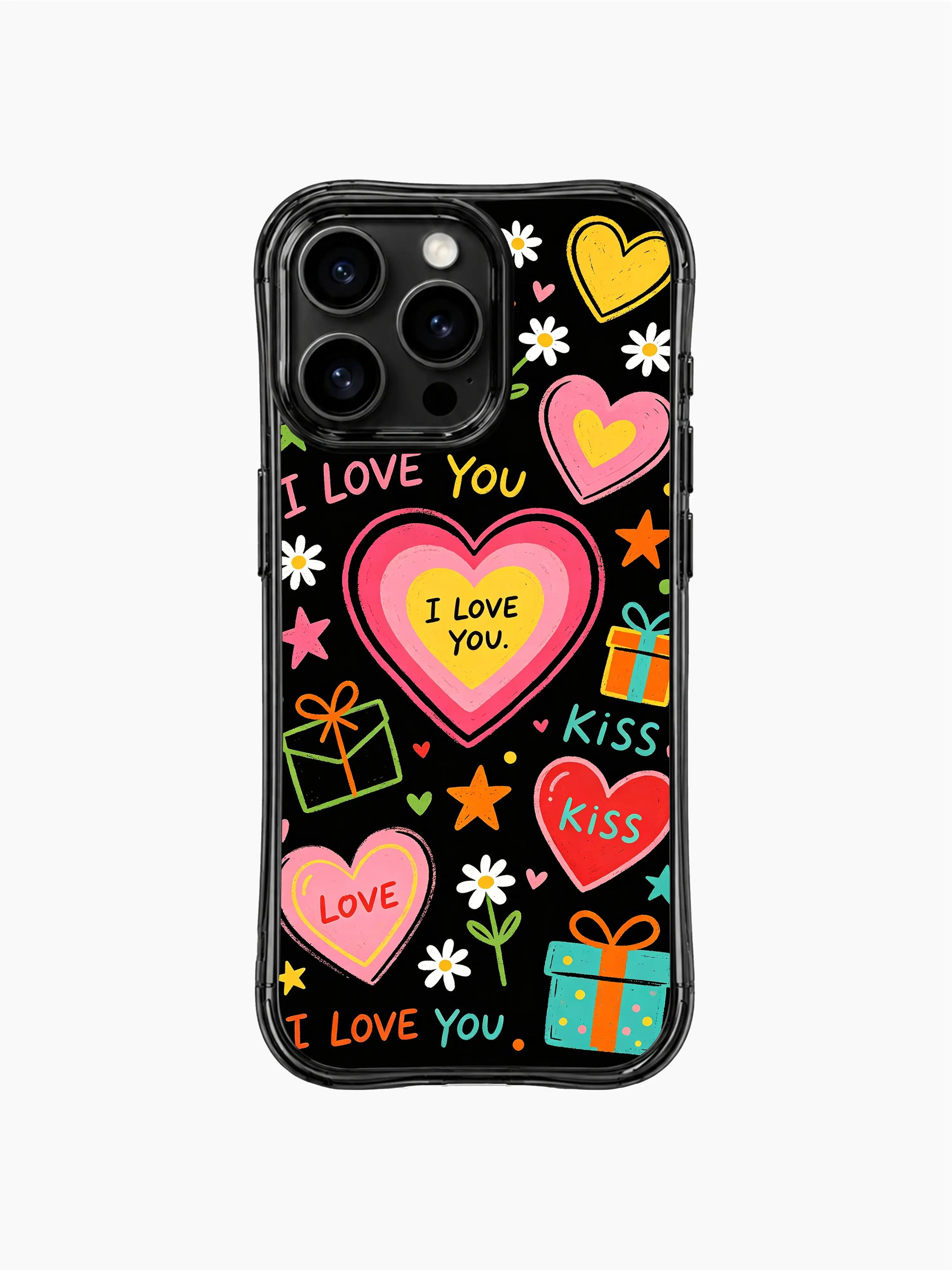 PhoneCasing iPhone 13 Pro Max cover multi-ring concentric rainbow hearts mixed with handwritten love script and mini gift box decor, soft sweet crush pop art phone case.