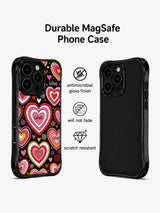 PhoneCasing iPhone 13 Pro Max case core candy shop motif: nested concentric rainbow heart rings, dashed stitch outlines, scattered LOVE text and micro heart confetti, warm pink red yellow palette, cute street pop phone cover casing.