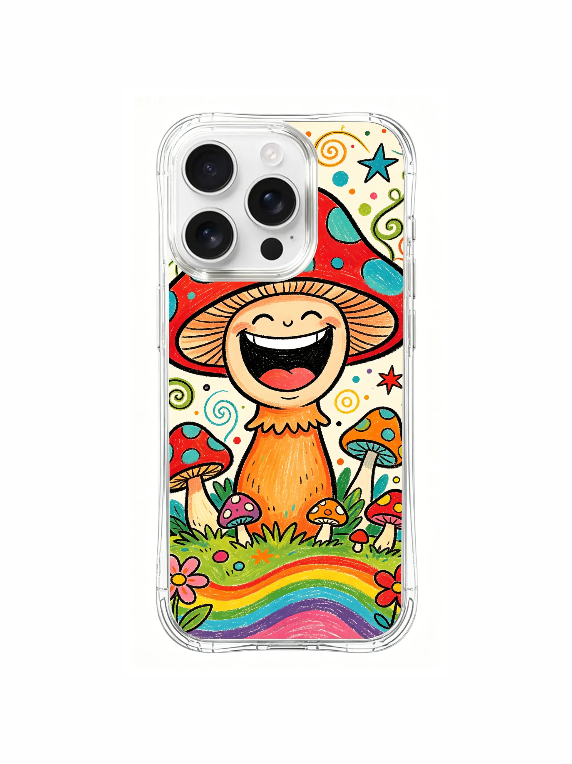 PhoneCasing iPhone 16 pro max Case, colorful confetti dot backdrop bespoke art casing by Luna Moss, grinning mushroom king folk doodle limited edition collectible wearable casing